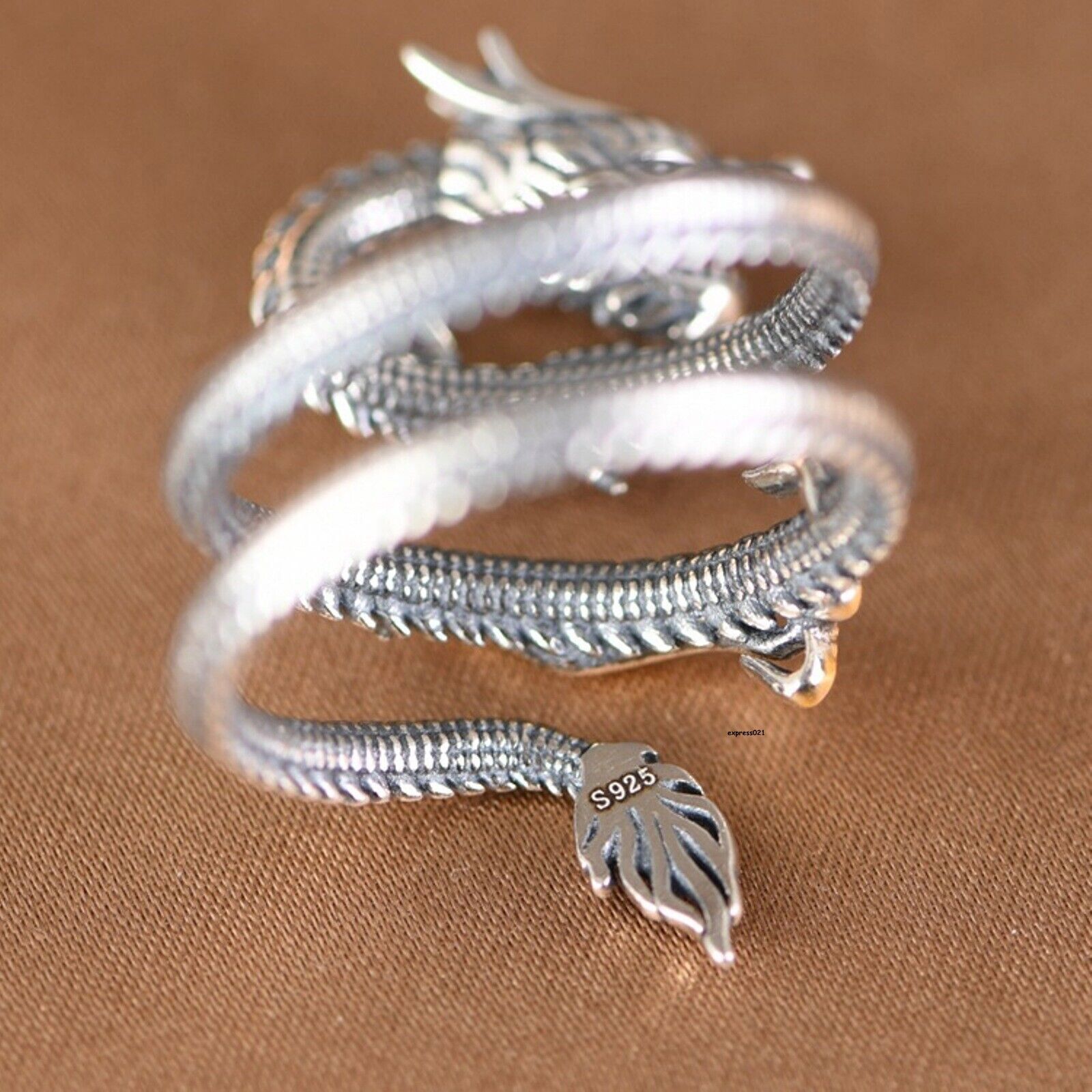 Real Solid 925 Sterling Silver Men Women Gift Lucky Carved Flame Dragon Ring