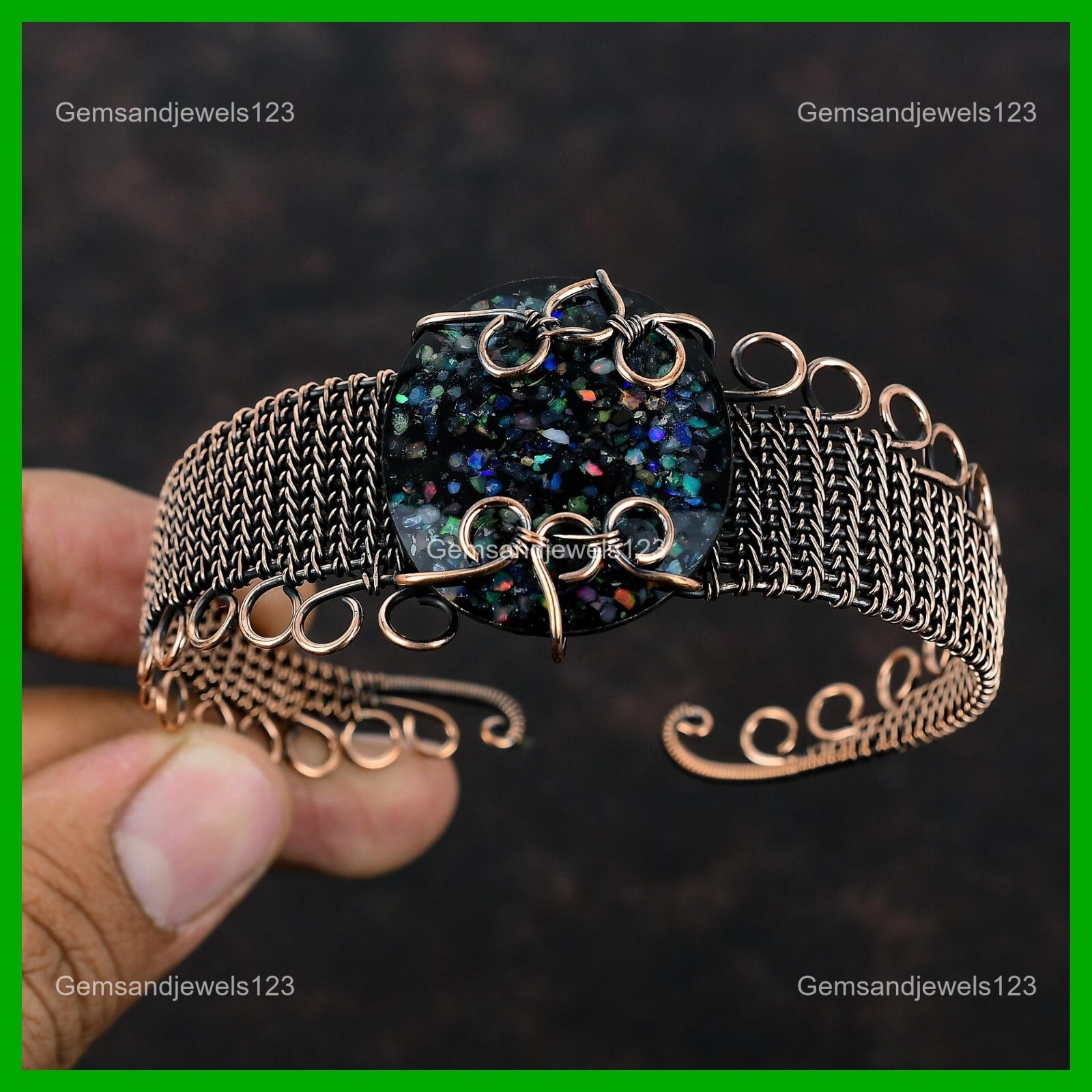 Womens day Deal Copper Black Ethiopian Opal Gemstone Wedding Wire Wrapped Cuff