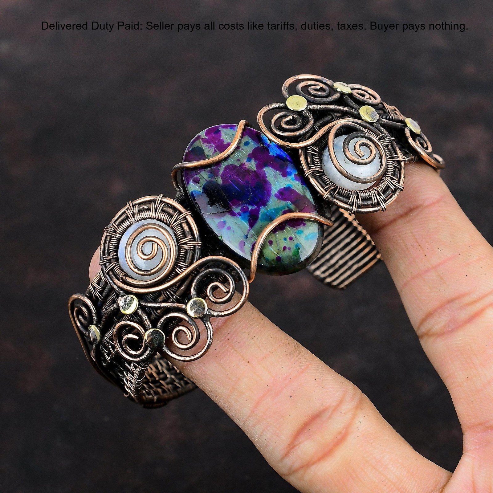 Copper Multi Fire Labradorite Stone Rainbow Moonstone Wire Wrap Bangle Jewelry