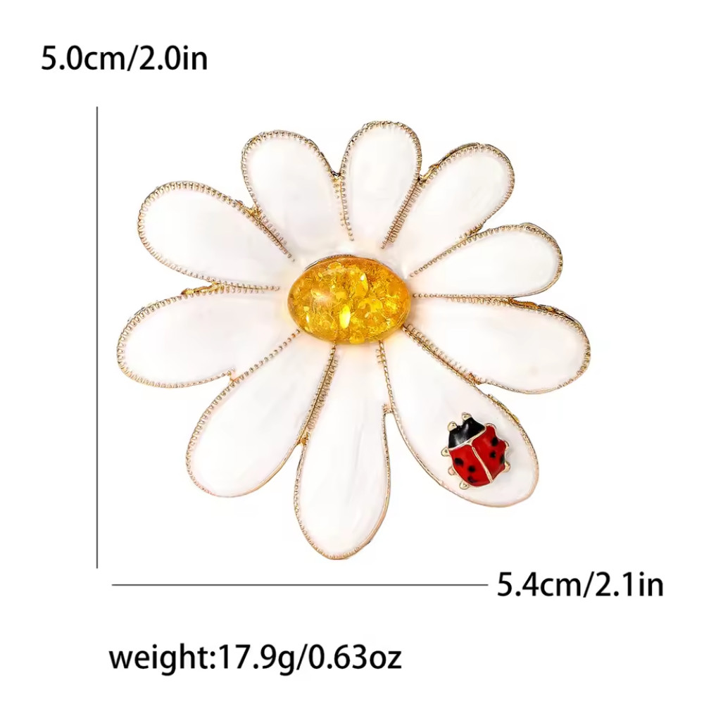 Vintage Enamel Daisy Flower Brooch with Ladybug Pin Summer Nature Jewelry Gift