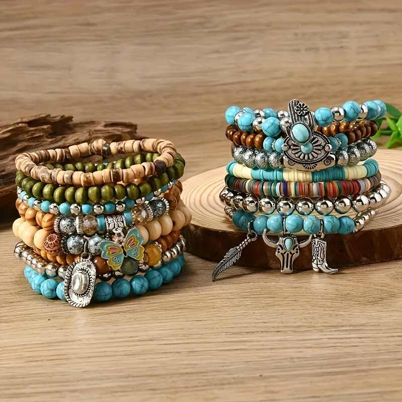 15pcs Bohemian Style Wooden Bead Bracelet Set Multi-Layer Stretch Bead Bracelet