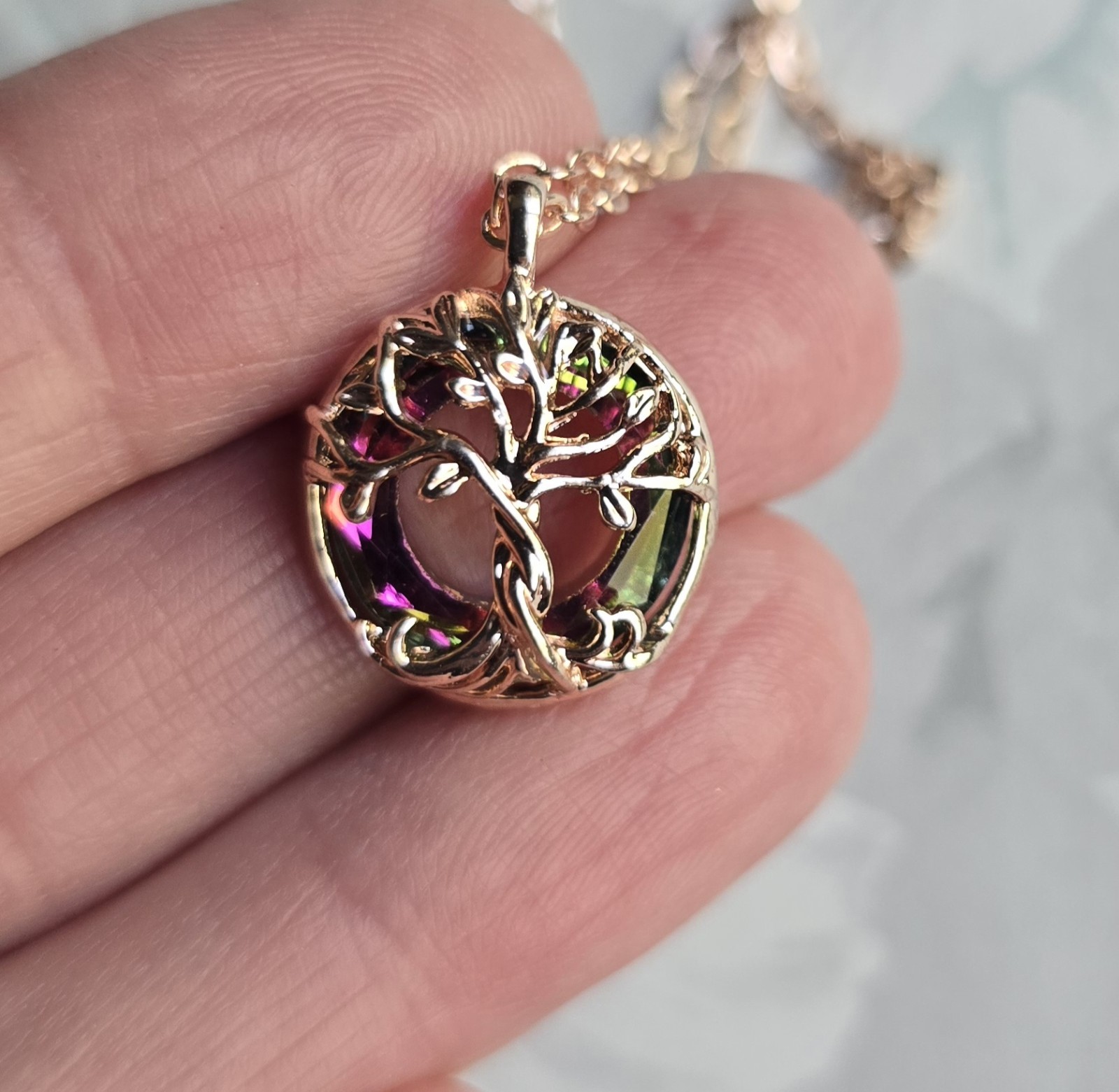 Copper-Rose Tree of Life – gnarled tree with crystal circle glass framing.