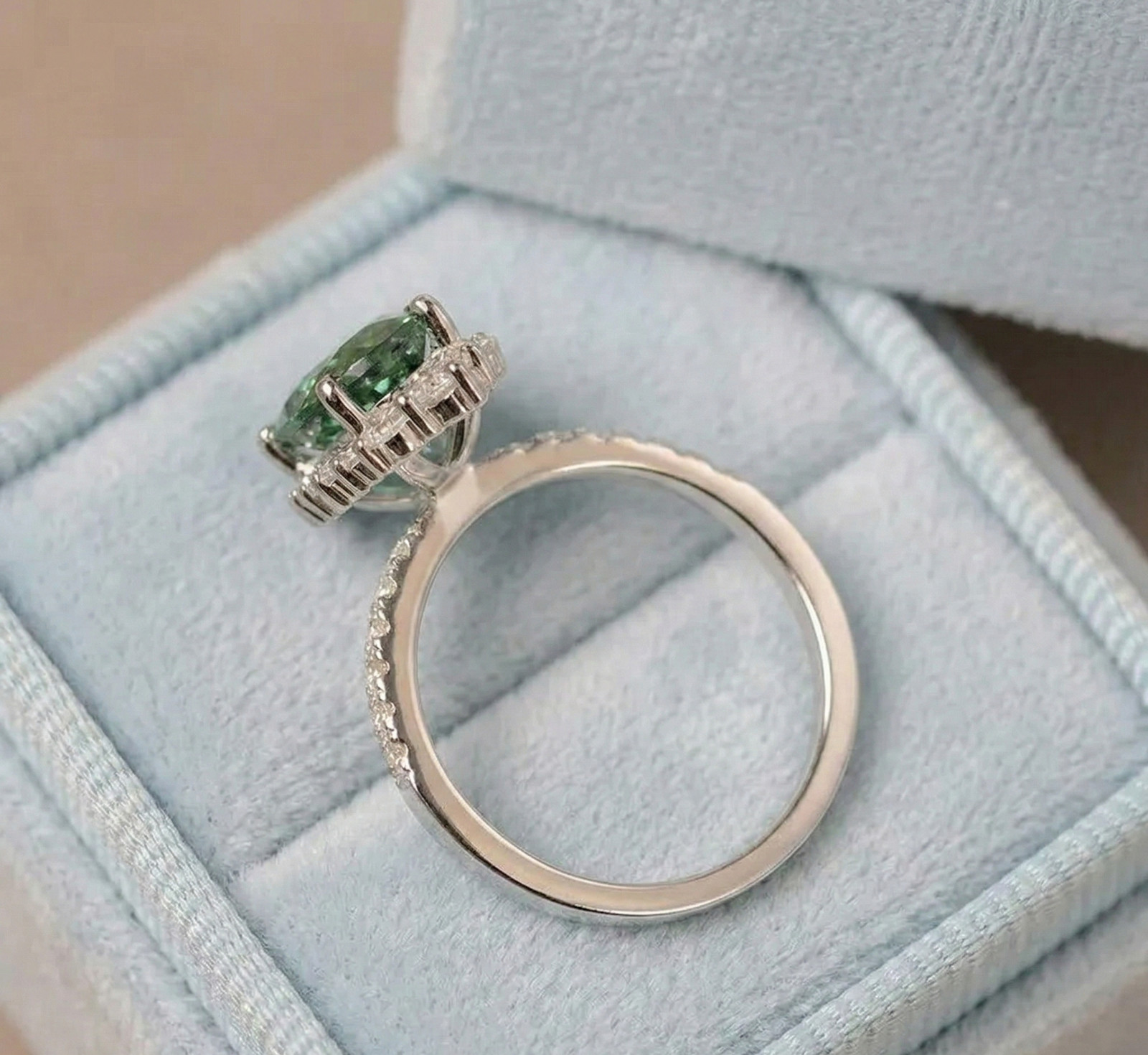 Oval Green Sapphire Halo Ring, 925 Sterling Silver Art Deco Engagement Ring