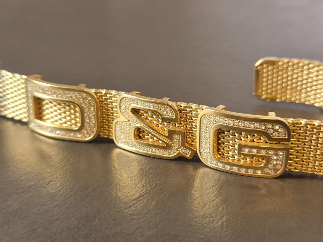 Dolce & Gabbana Bracelet Cuff Bangle Mesh Pattern Gold Logo Length: 9 in.