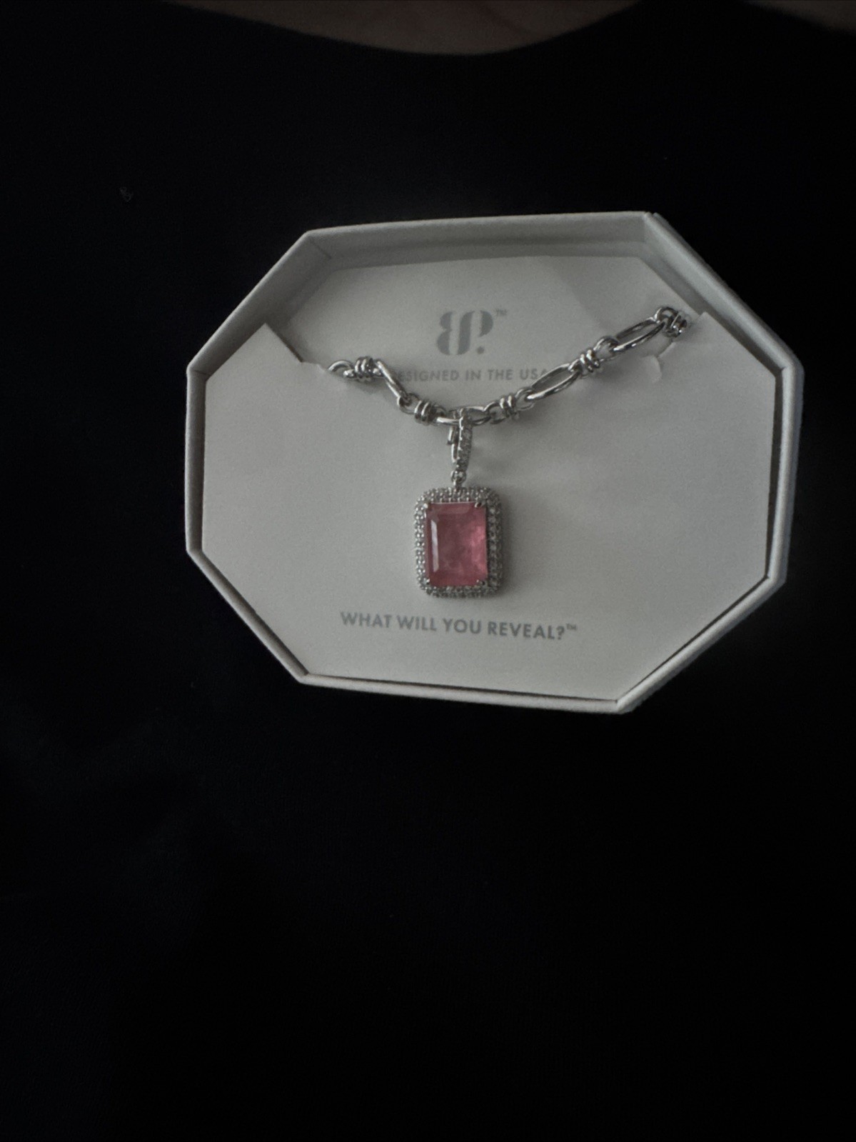 BP Rhodium Plated Necklace With Rose Quartz Removable Pendant