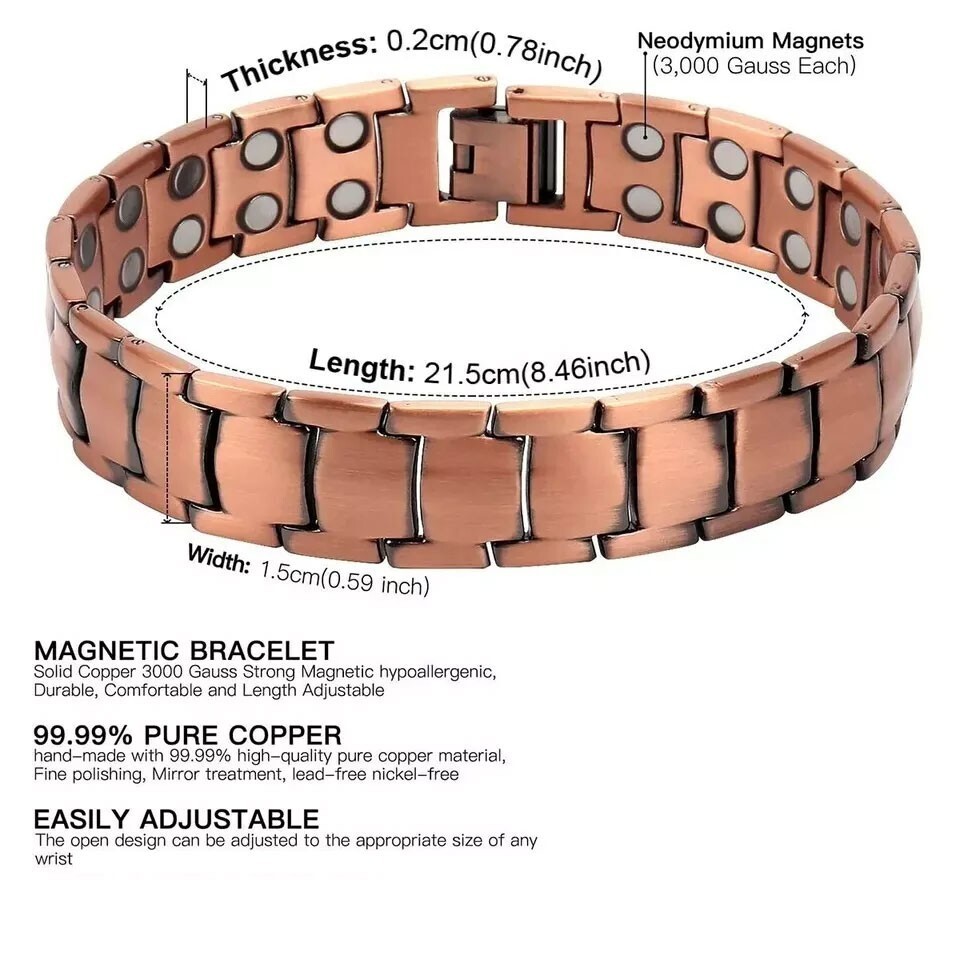 Men’s Bracelet Magnetic Therapy Arthritis Pain Relief Pure Solid Copper Bangle