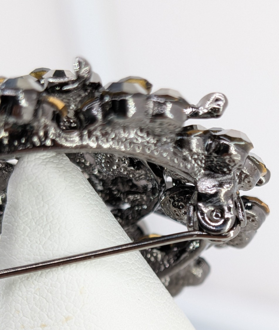 Vintage Gunmetal Rhinestone Flower Brooch Pin Hematite Crystal Dome 2in 30g