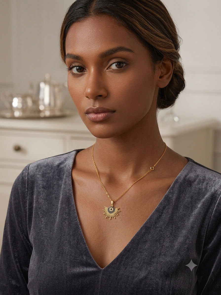 Gold Tone Celestial Sunburst Pendant Necklace Black Clear CZ Diamond Charm