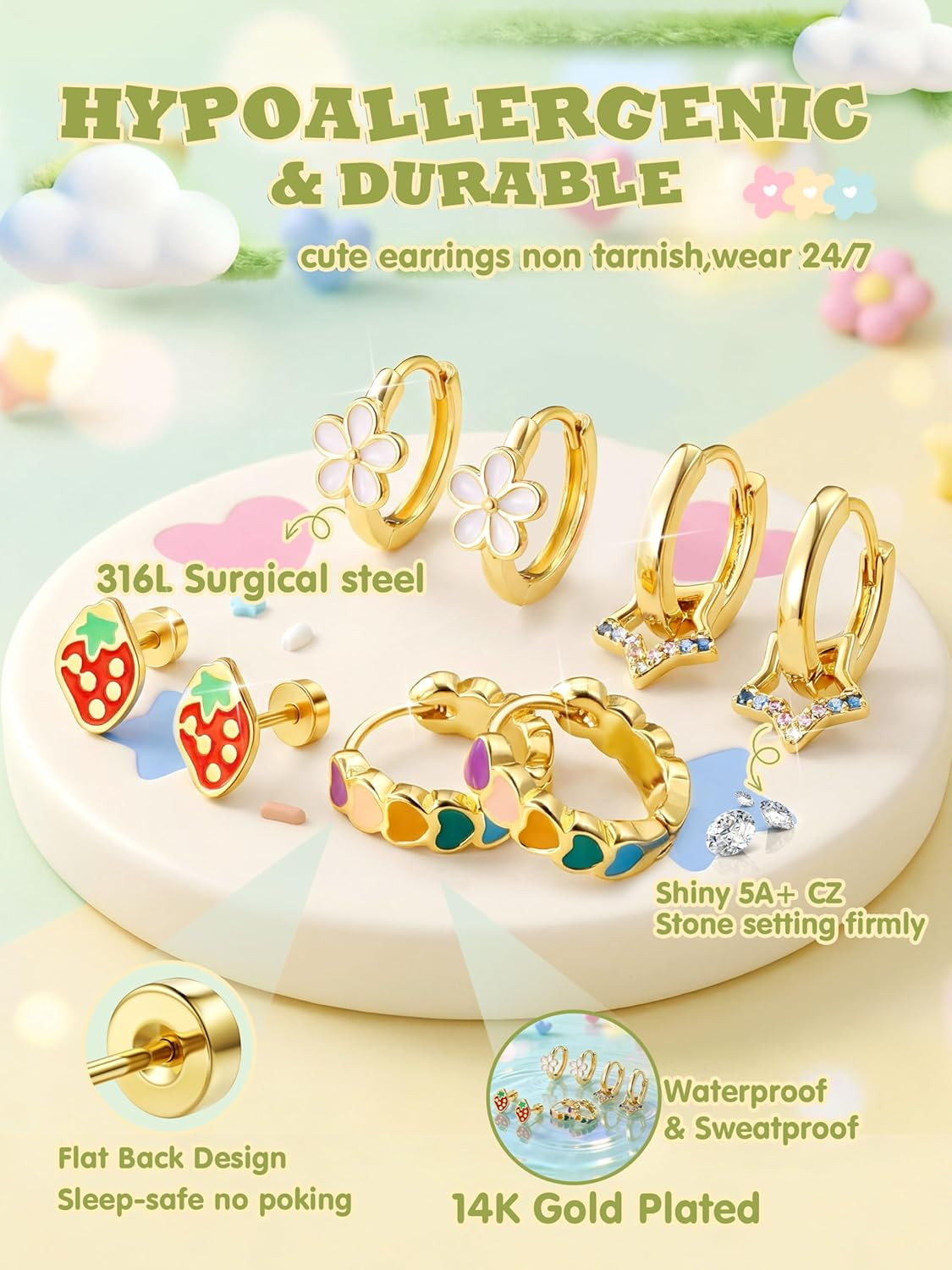Hypoallergenic Flat Back Earrings Girls 14K Gold Surgical Steel Studs