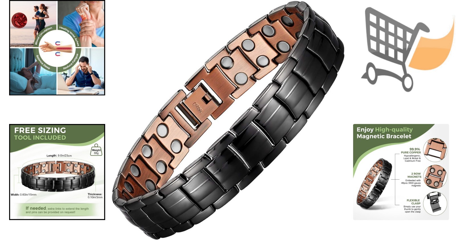 Mens Copper Magnetic Bracelet 99.9% Pure Copper Adjustable Jewelry for Men