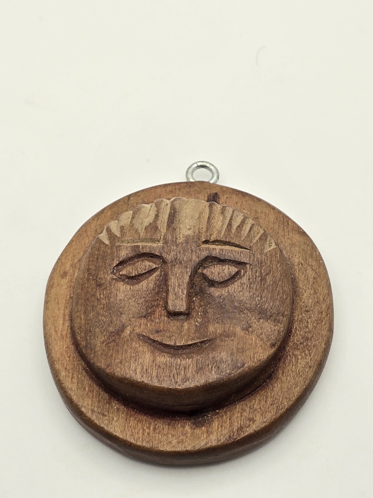 Vintage Handmade Folk Art Carved Wood Relief Wooden Moon Face Necklace Pendant