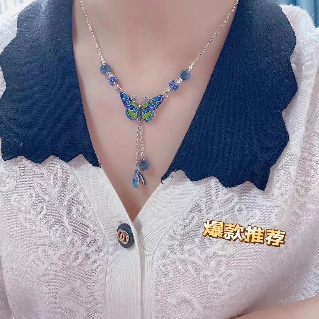 ‌Cloisonne Enamel Butterfly Flower Pendant Necklace Chinese Style Jewelry‌