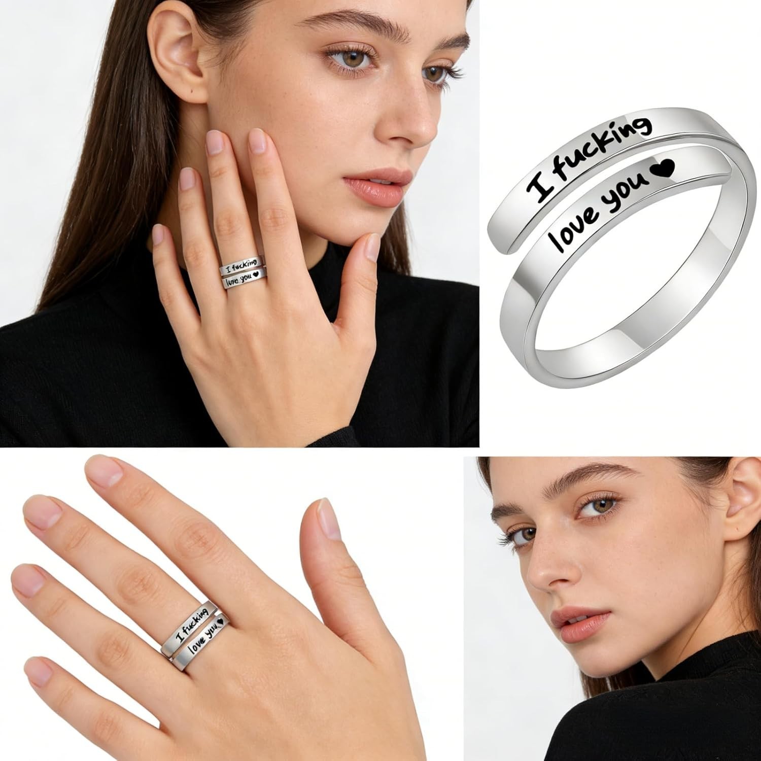 I Fcking Love You Ring, Stainless Steel Engraved Inspirational Words Heart Open