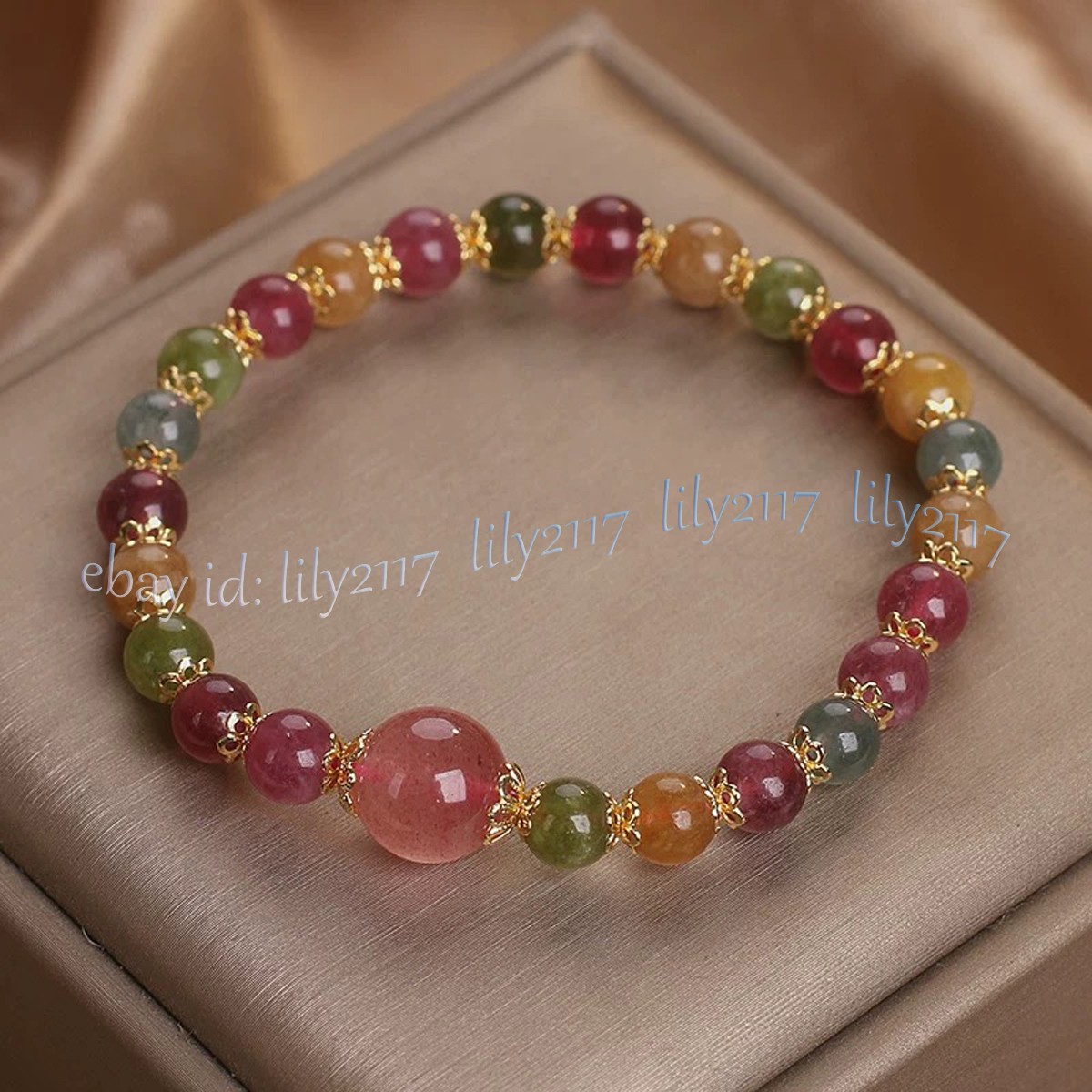 Genuine Natural Colorful Tourmaline Round Gemstone Beads Elastic Bracelet 7.5 in