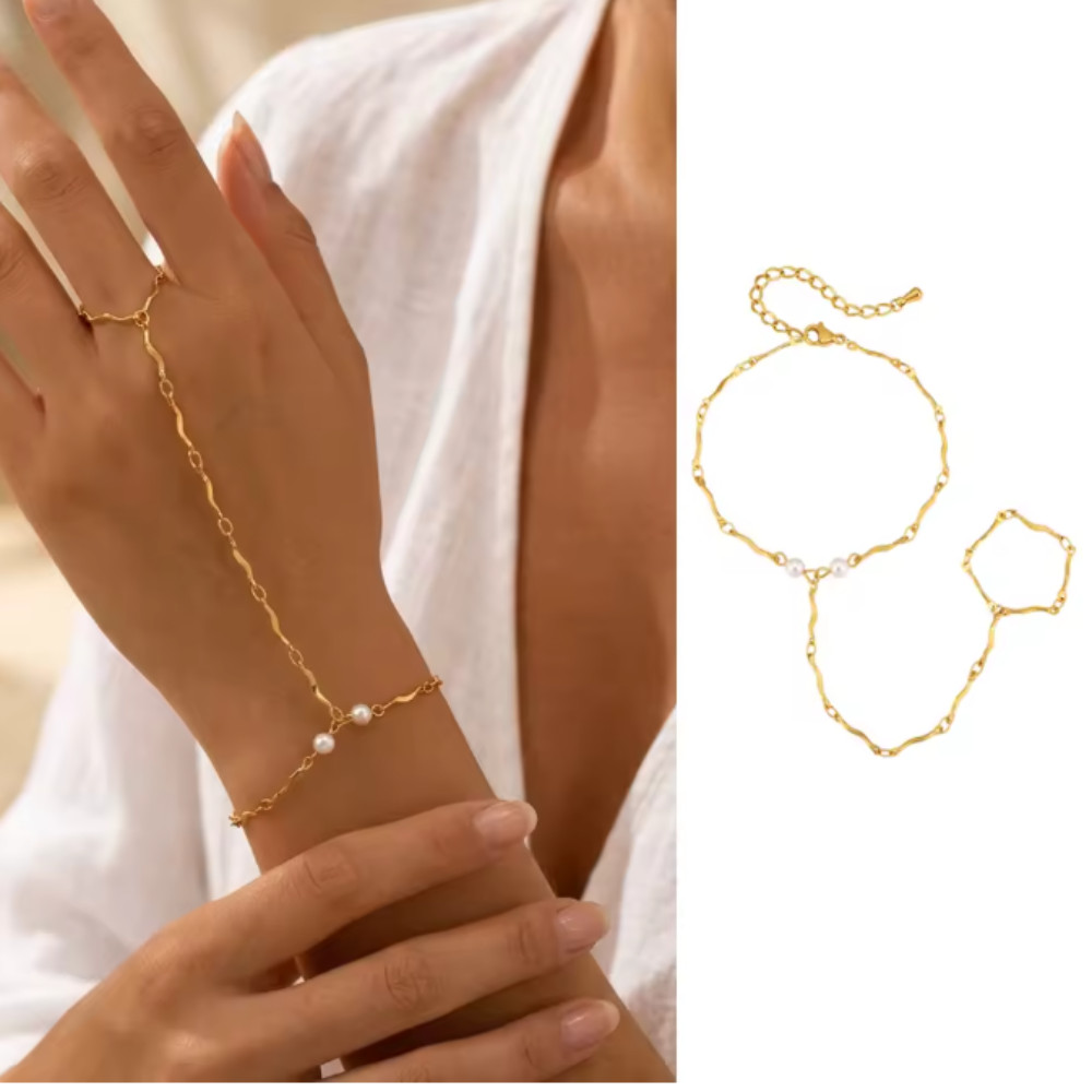 Bohemian Bead Slave Bracelet Gold Plated Hand Harness Ring Chain Jewelry