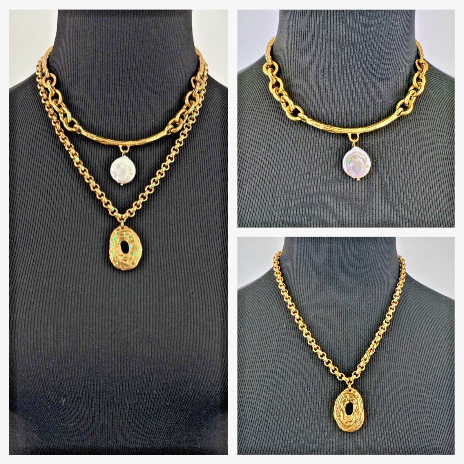 WHBM 3-in-1 necklace – NEW gold & pearl layered convertible brutalist 2 strand