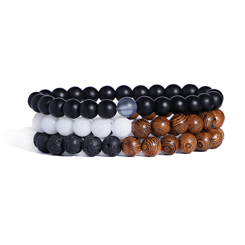 3PCS Men Women Natural Gemstone Handmade Wood 8mm Round Beads Stretch Bracelets
