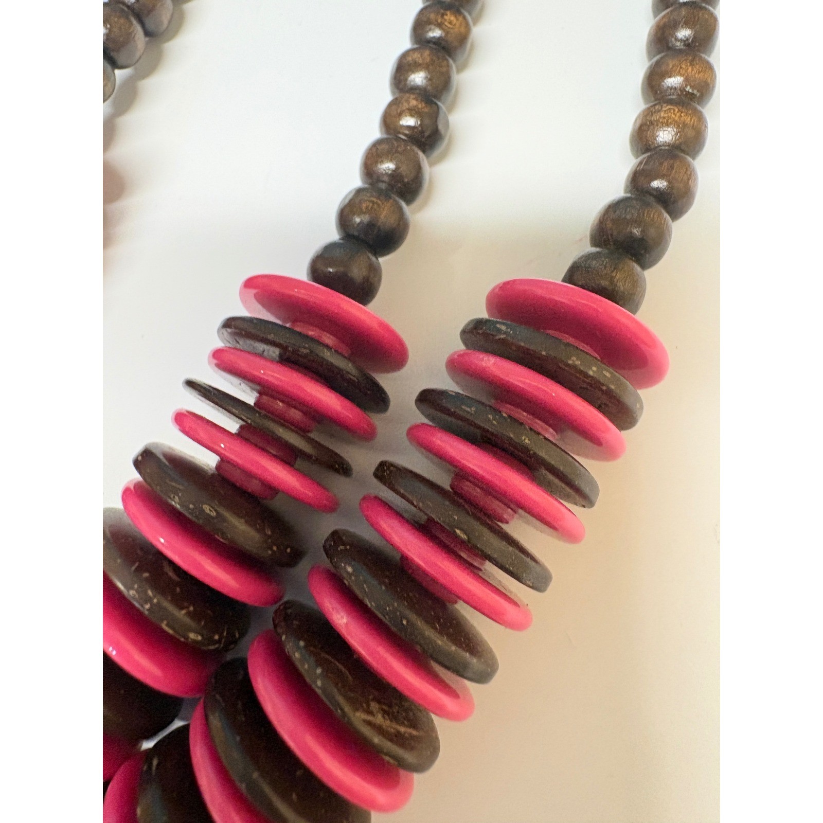Pink Brown Wood Bead Double Strand Necklace and Disc Earring Set Boho Tropical