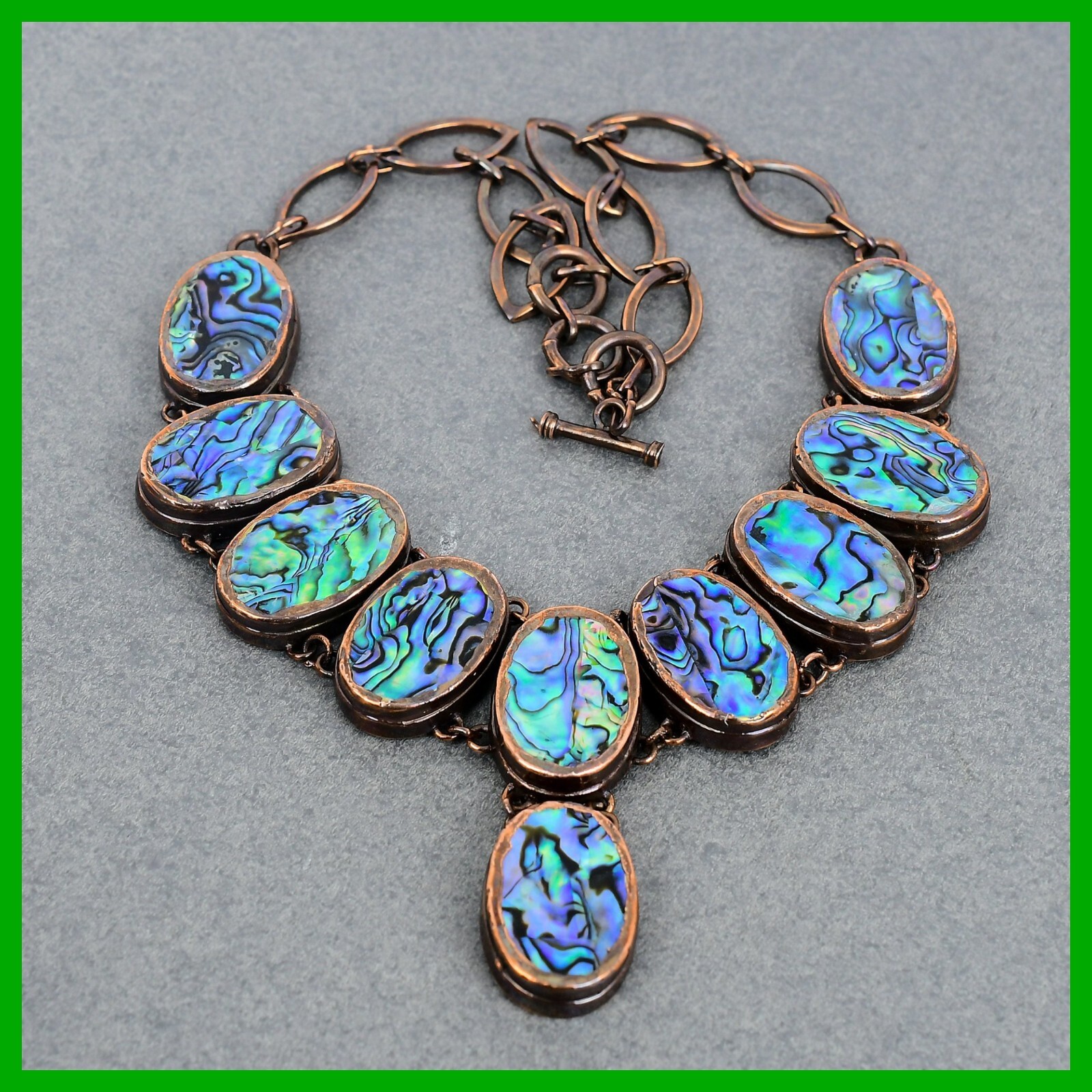 Oval Abalone Shell Stone Chain Bezel Electroformed Boho Necklace Jewelry Copper