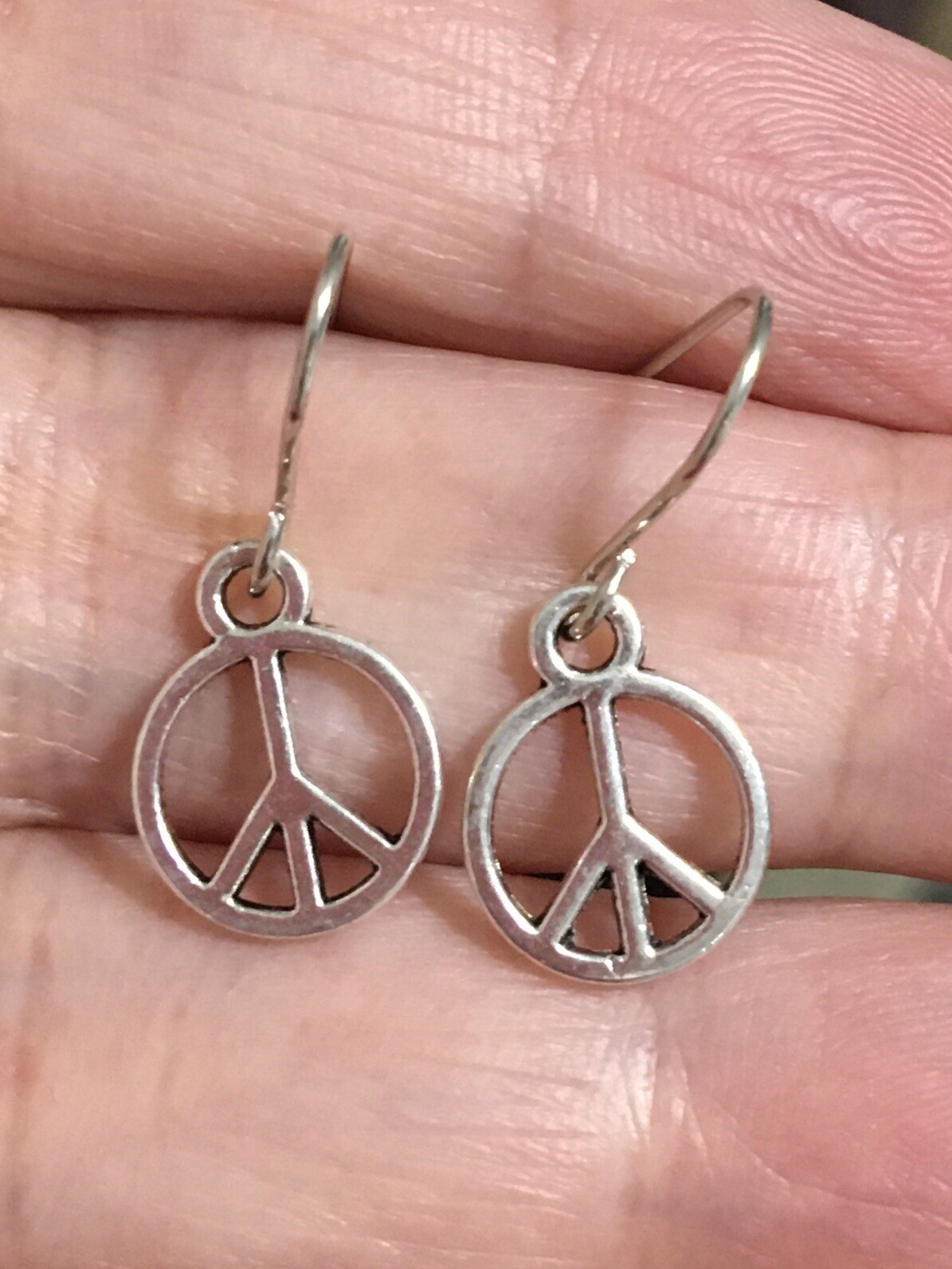 Small Peace Sign Charm Silver Earrings Stainless Steel Hooks! Hypoallergenic