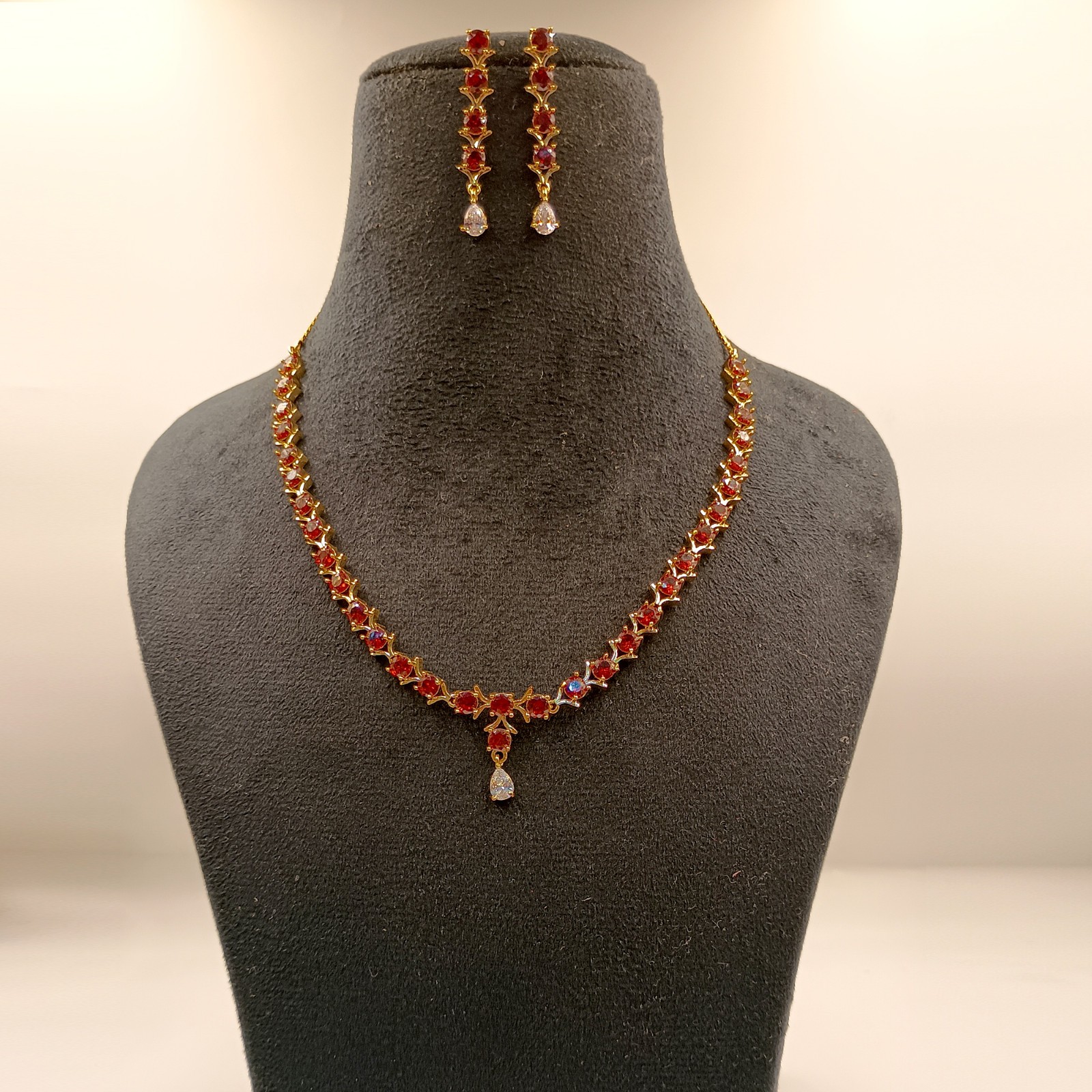 22K Gold Plated Rubellite Tourmaline Necklace Set Traditional Indian Choker Gift