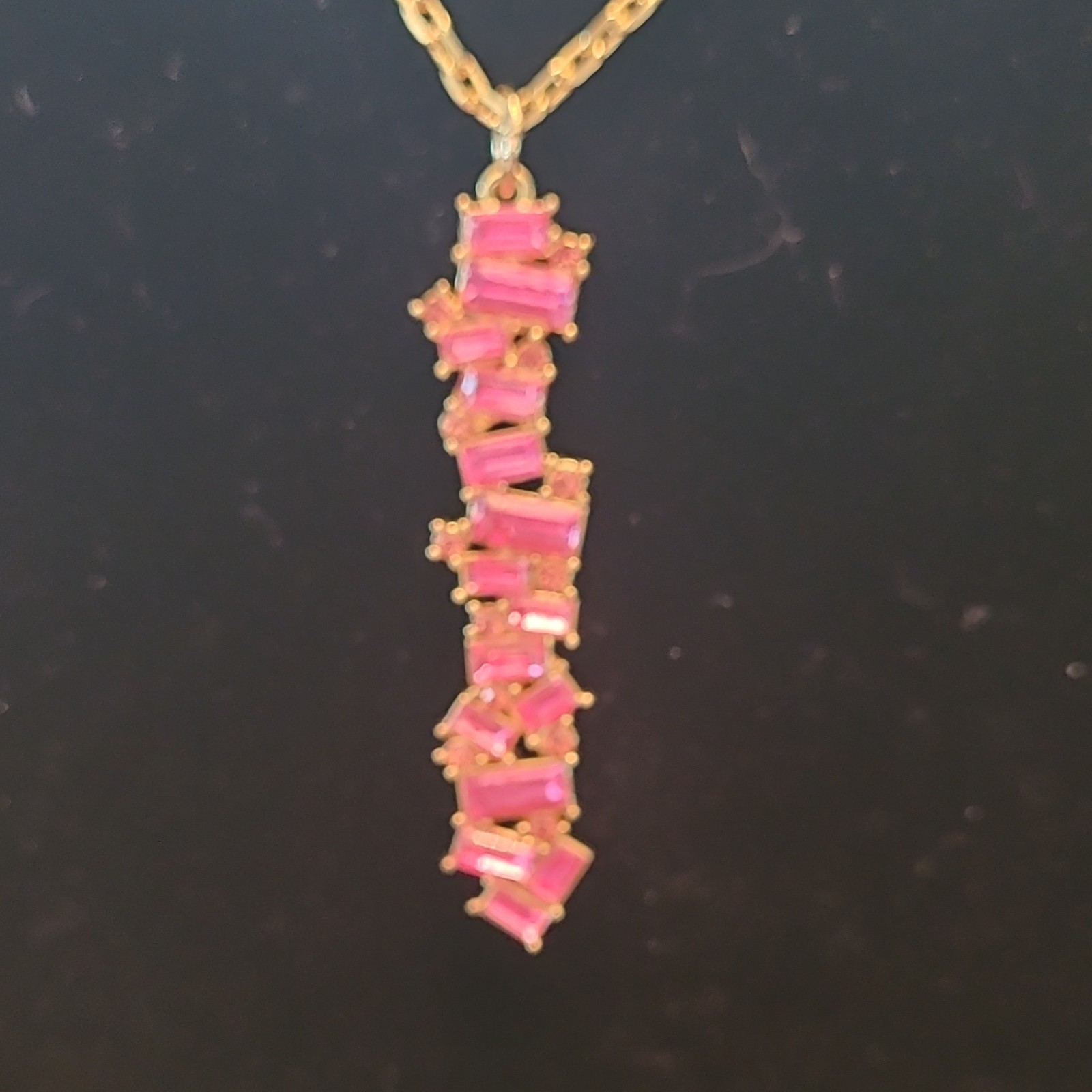 Gold Tone Pink Baguette Crystal Necklace & Bracelet Set Adjustable Signed