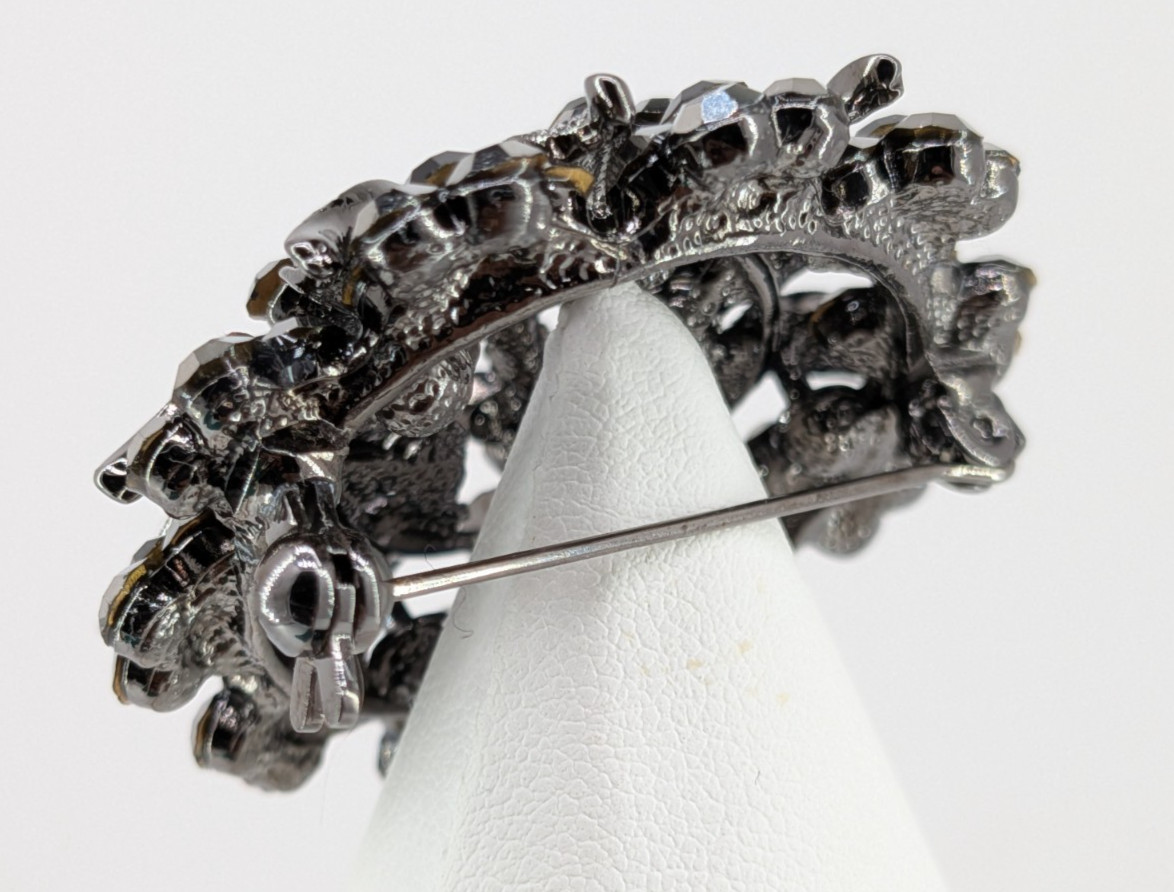 Vintage Gunmetal Rhinestone Flower Brooch Pin Hematite Crystal Dome 2in 30g