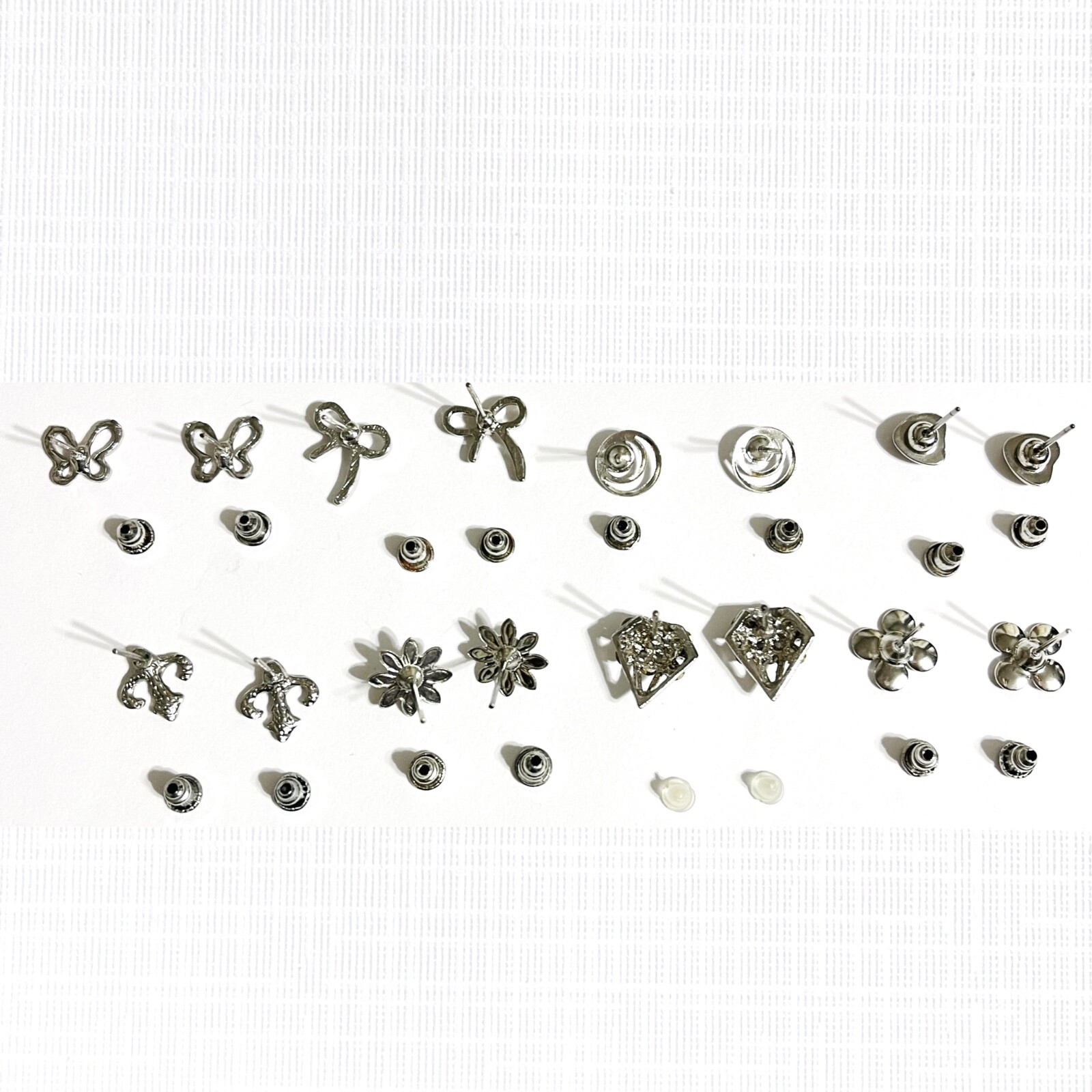 Vtg – Now Lot Silver Tone Pierced Earrings Studs 8 Pair Flower Bow Heart Retro
