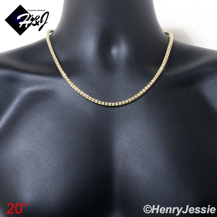 18″-24″MEN 925 STERLING SILVER 4MM GOLD PLATED 2-TONE ICE LINK NECKLACE*GN23