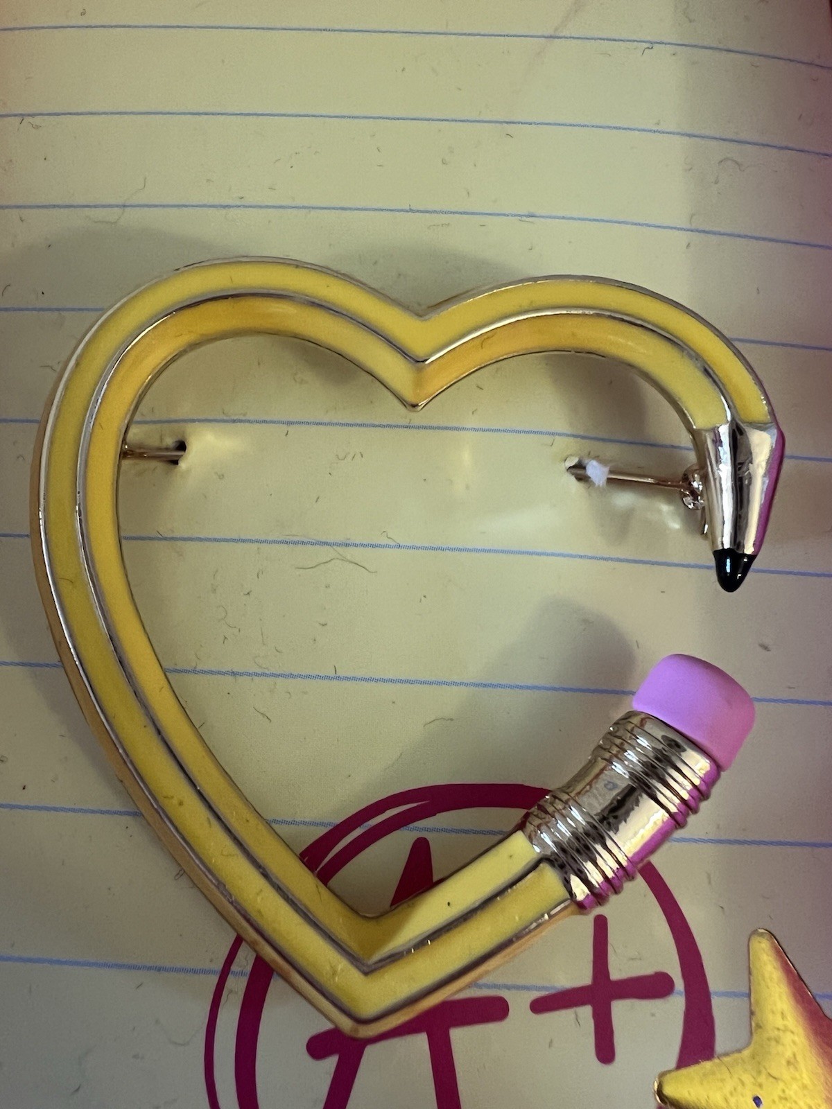 Betsey Johnson Brooch Heart Pencil Yellow With Star Accent NWT With Box