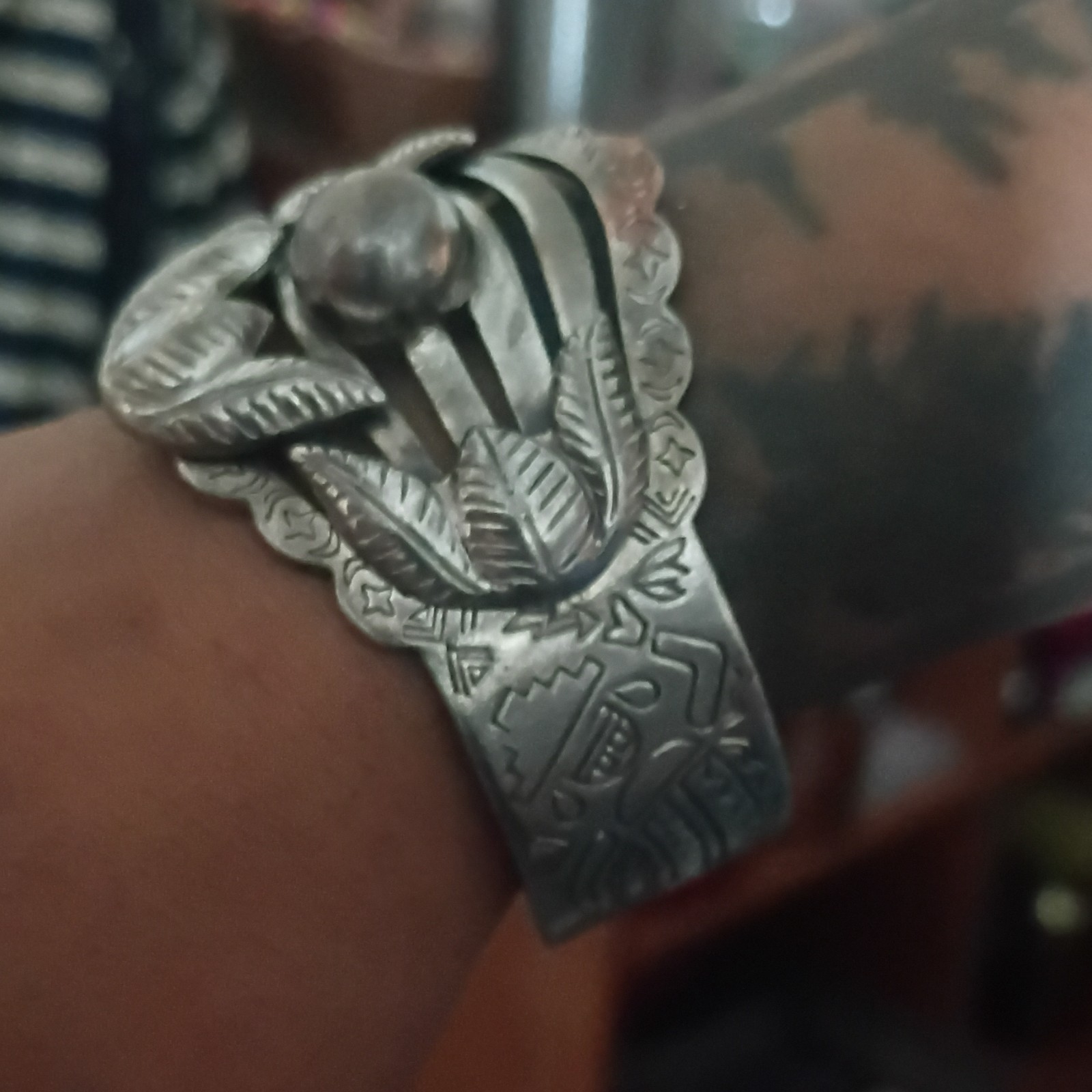 Crawford Silver Tone Etched Metal Cuff Bracelet Signed Marked “SANFORD”