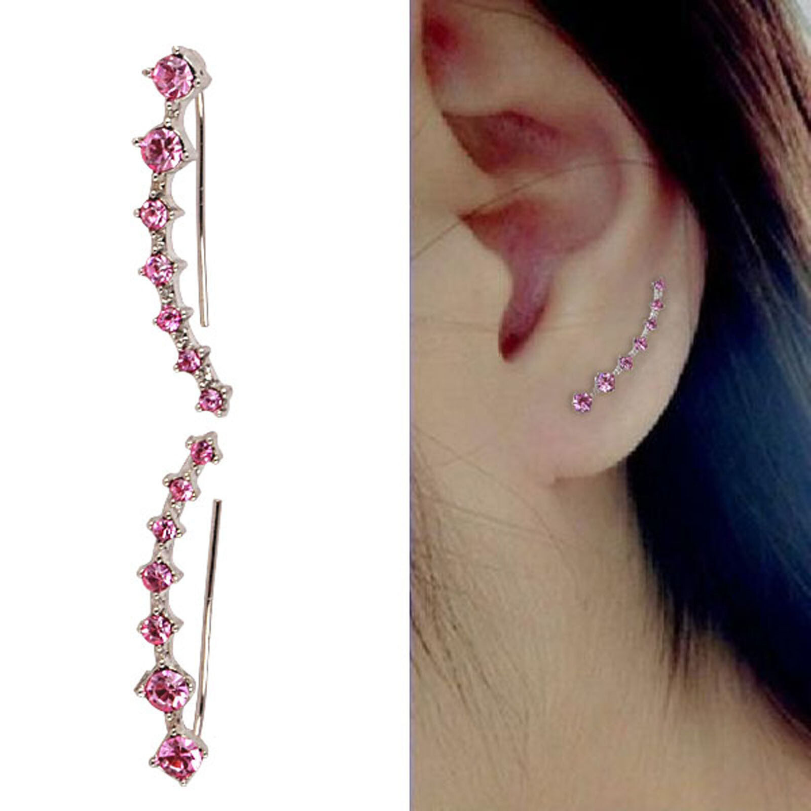 SINGLE ROW EARRING HOOK CUFF PAIR PINK CLEAR MULTI COL GOLD SILVER PLATE