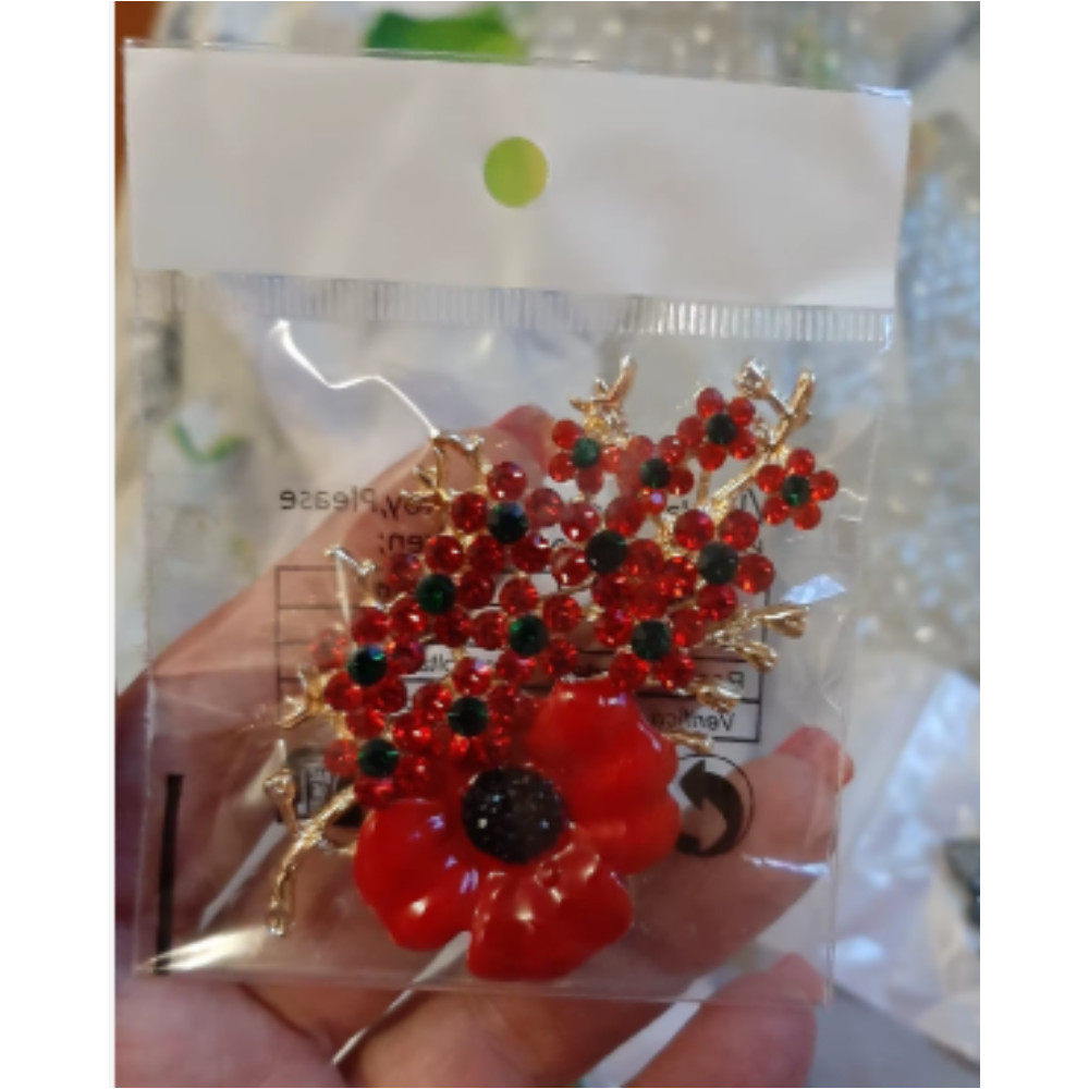 Beautiful Poppy Flowers Brooch Pin – Rhinestone Enamel Jewelry Gift USA