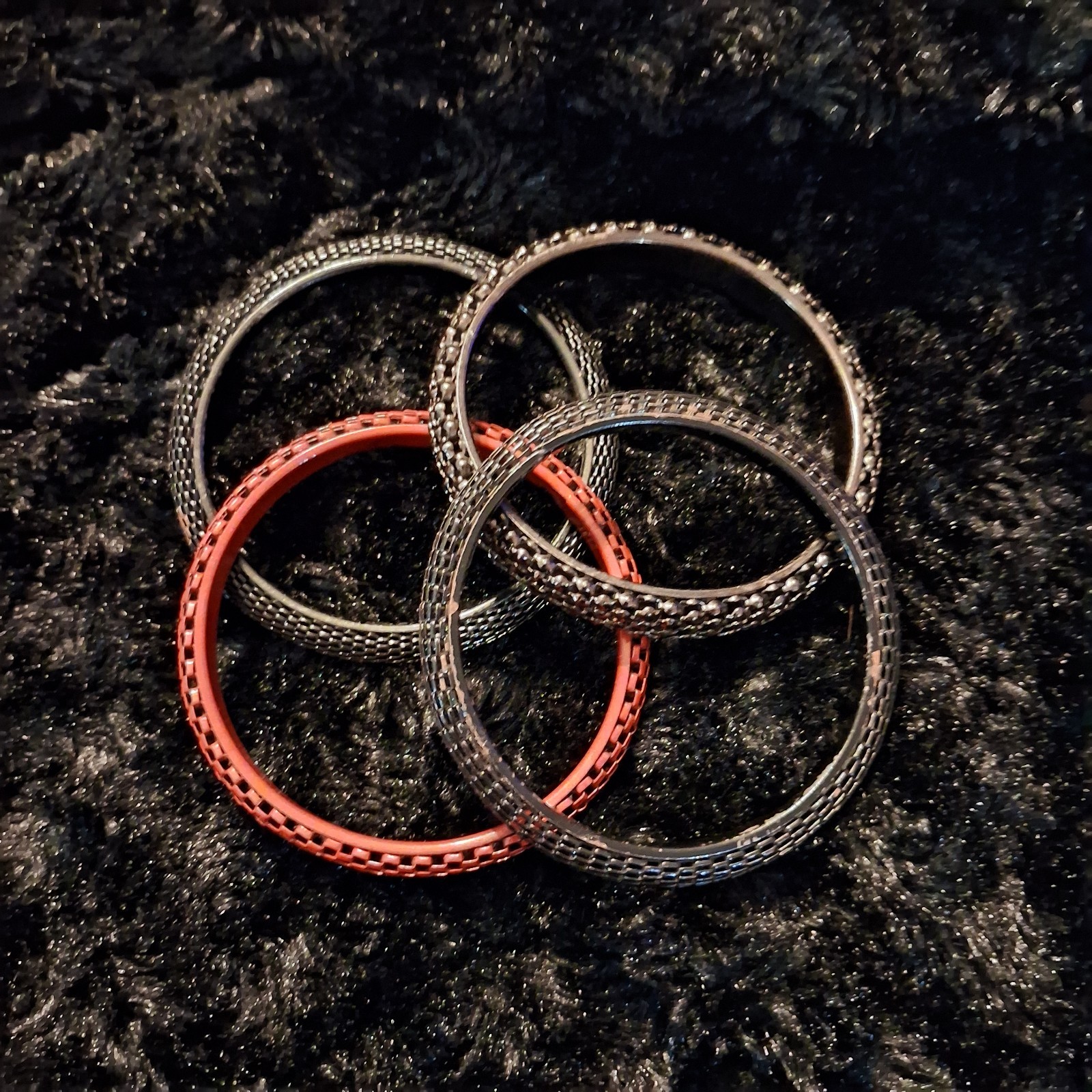 Textured Woven Mesh Bangle Bracelet Lot, Black Red Gray, No Stone