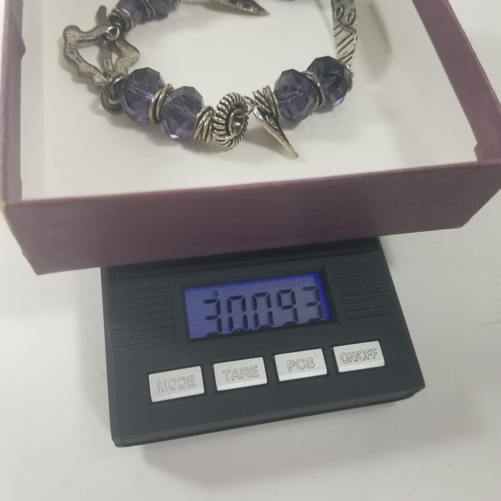 JBB Joshua Benbassat Sterling Silver Art Purple Bead Charm Bracelet with Charms