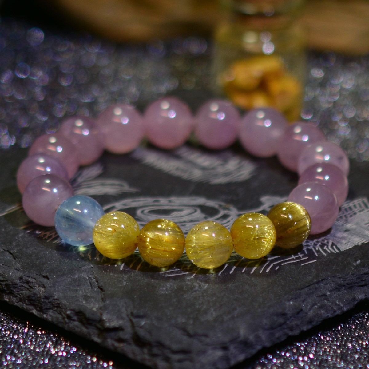 Madagascar Rose Quartz Rutilated Aquamarine Bracelet 18K Gold Gift for Women