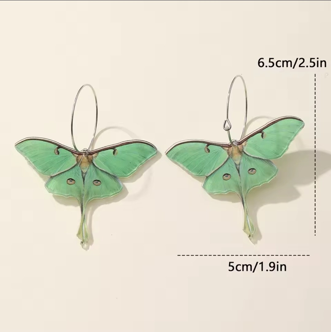 Luna Moth Hoop Dangle Drop Earrings Metal, Hoop Wire Closure 6.5cm