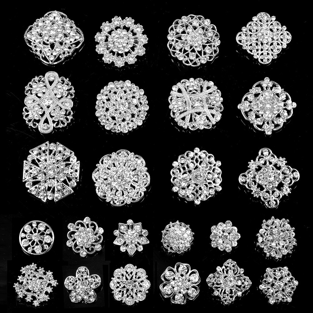 Lot 24 PACK Mixed Alloy Sliver Rhinestone Crystal Brooch DIY Wedding Bouquet US