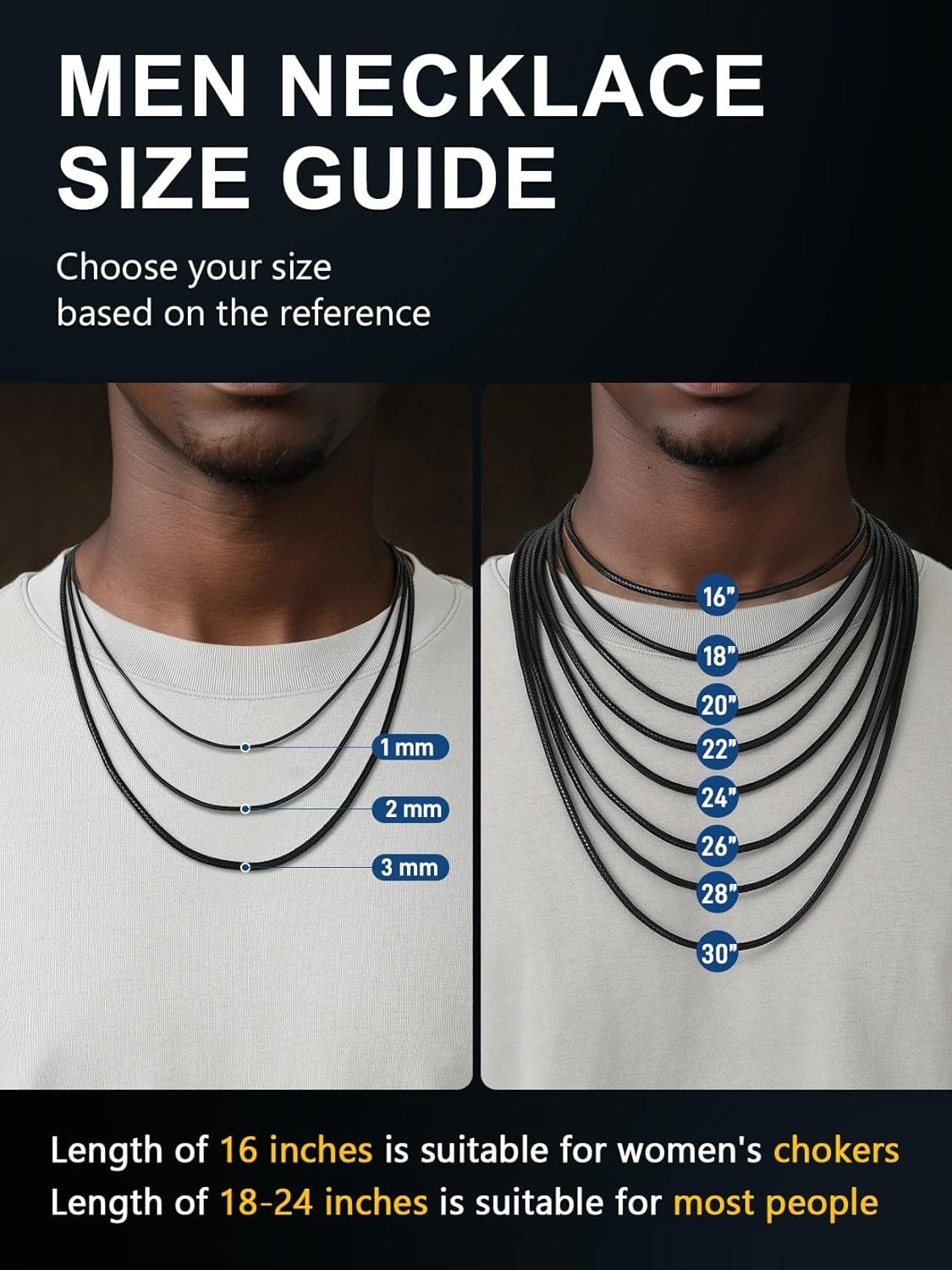 Men’s Waterproof Leather Necklace Cord – Custom Lengths 16-30 in., Snap Clasp