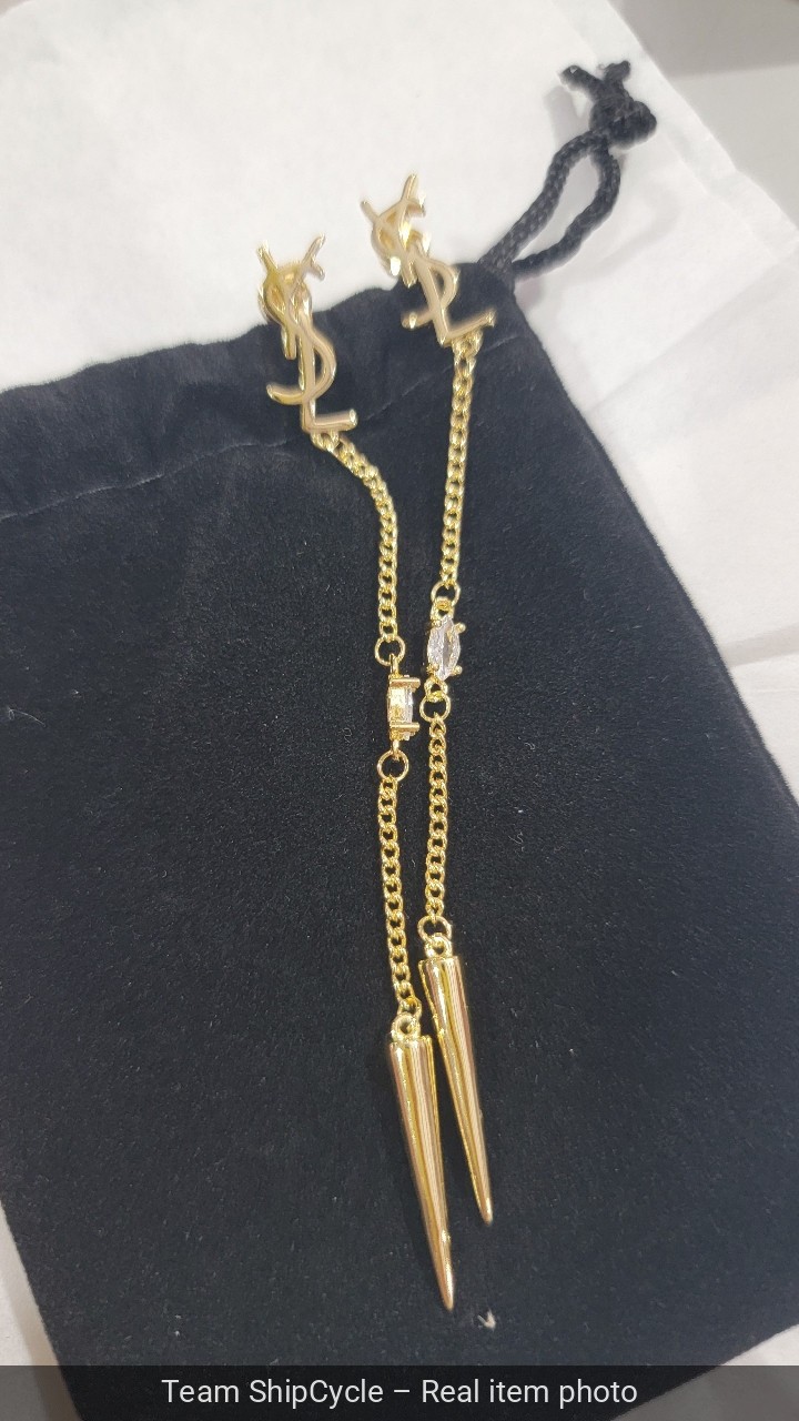 Auth YVES SAINT LAURENT YSL Crystal LOGO Long Chain Drop EARRINGS Gold T G2U