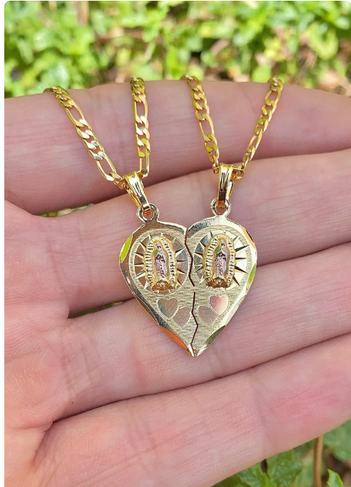 Virgencita de Guadalupe Pendant Heart Broken 14K Gold Filled Necklace 22″ Figaro
