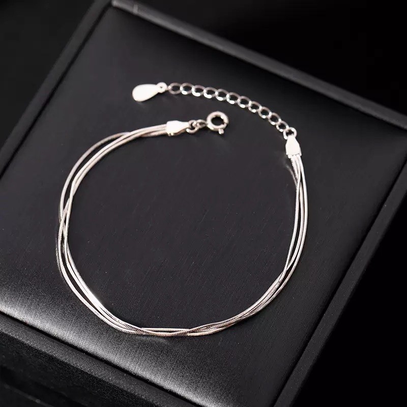 925 Sterling Silver Snake Chain Bracelet Layered Triple Adjustable Bracelet 018