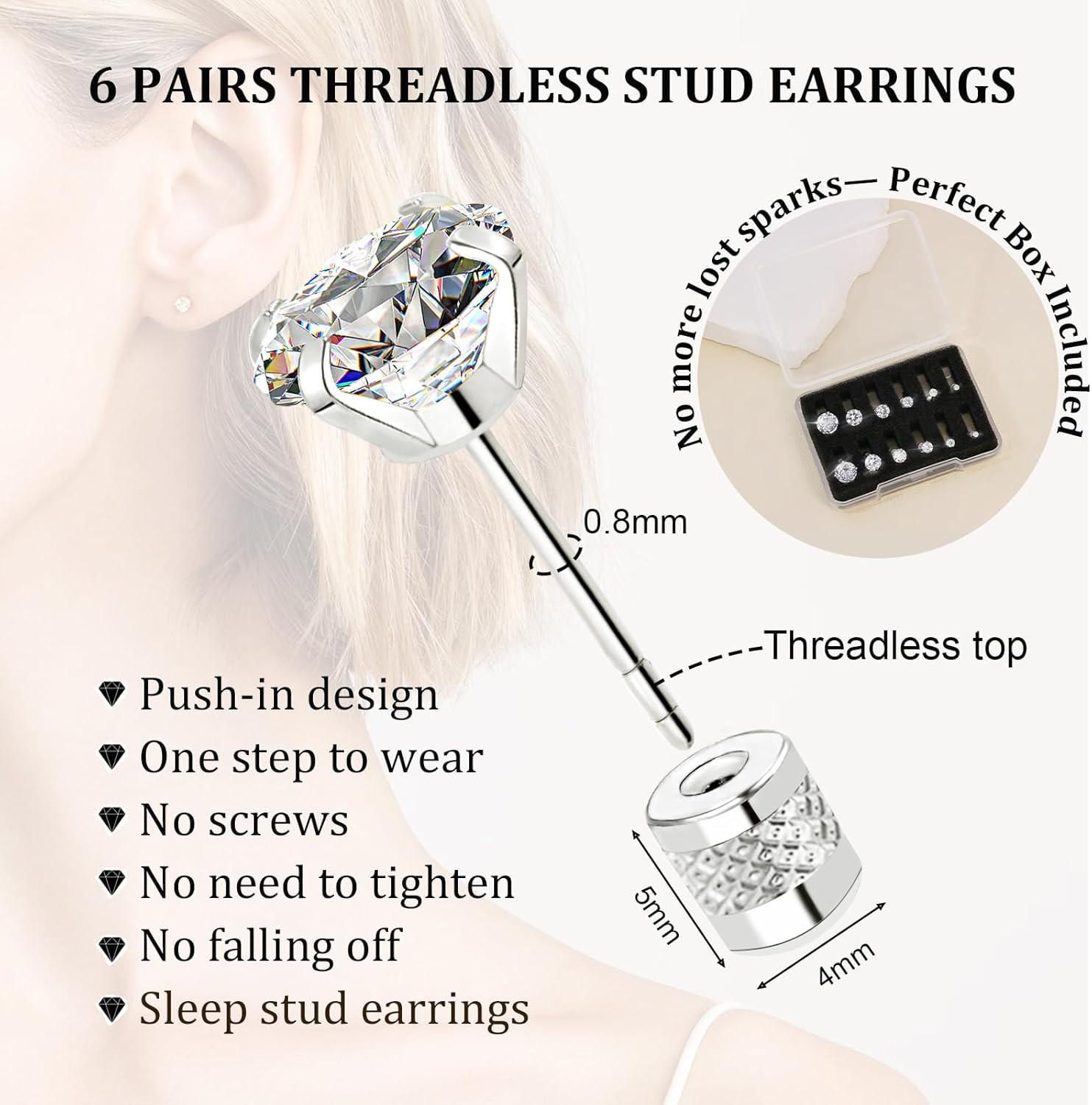 Threadless Flat Back Stud Earrings, 6 Pairs Titanium Hypoallergenic Earrings for