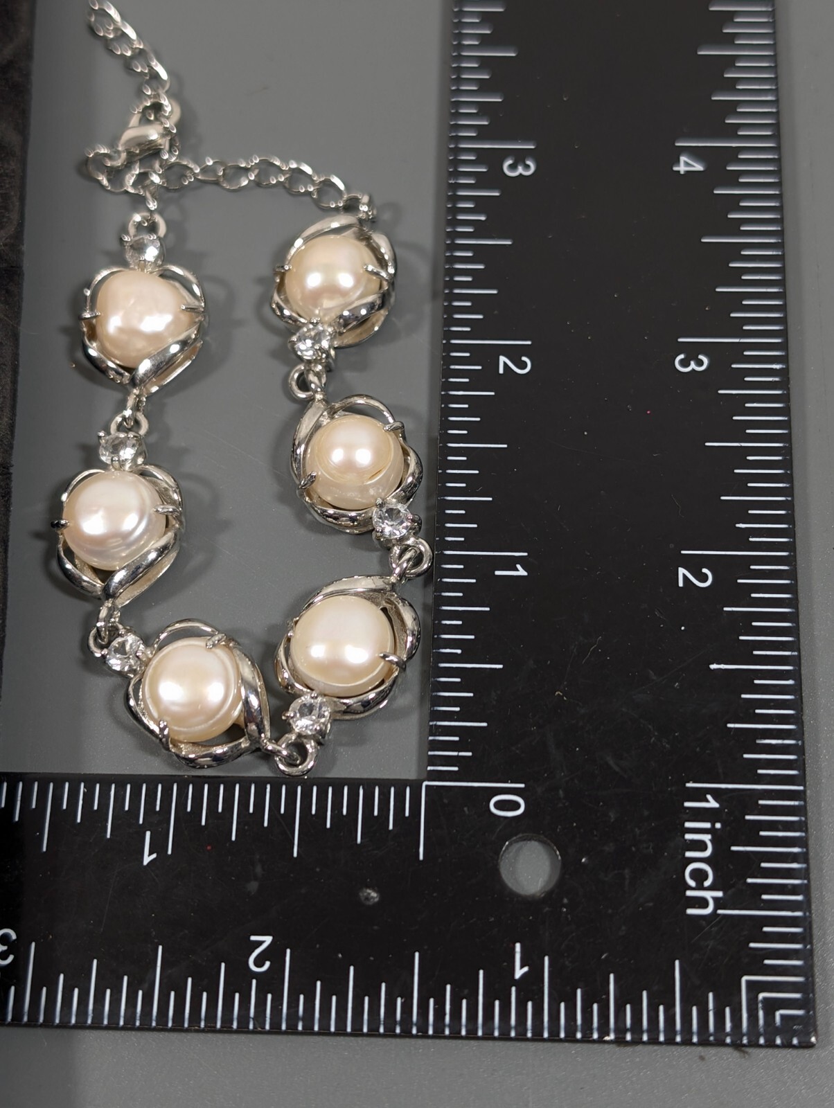 Silver Tone Baroque Button Pearl Rhinestone Tennis Bracelet Bridal Wedding 9 in