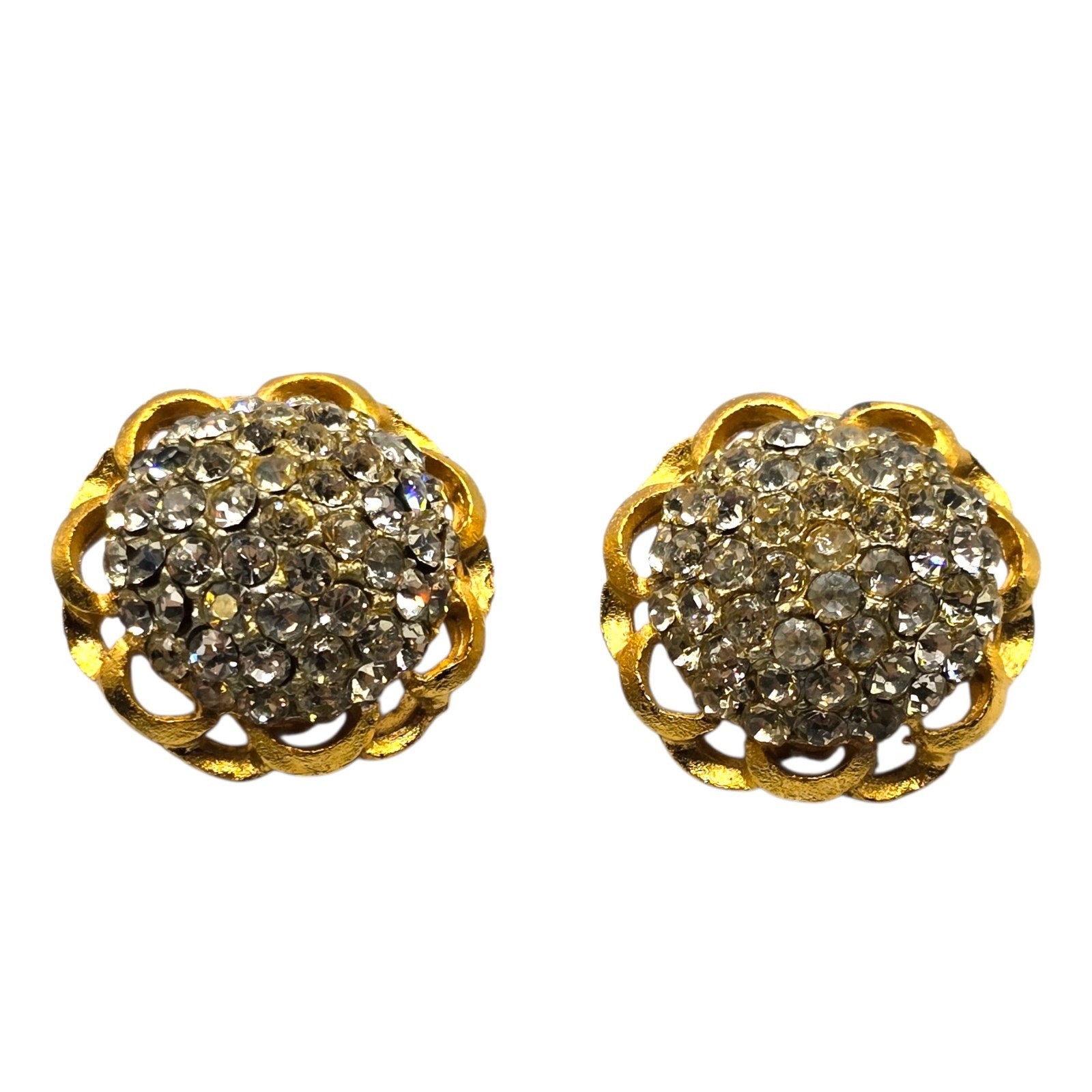 Earrings Vintage Domed Clustered Pave Clear Rhinestones Scalloped Borders SK3313