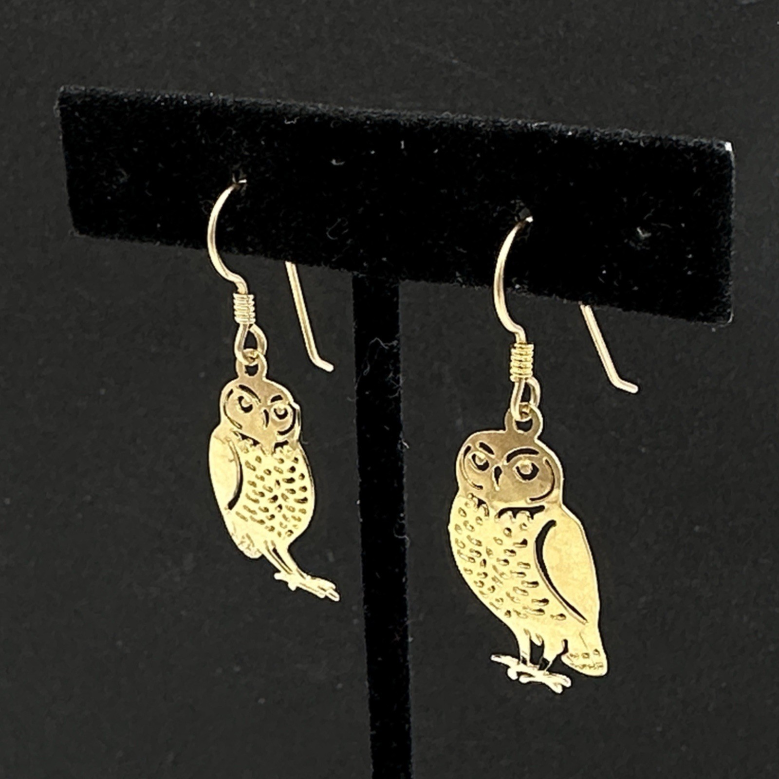 WILD BRYDE owl earrings – gold-tone figural bird 1.75″ dangle signed pierced