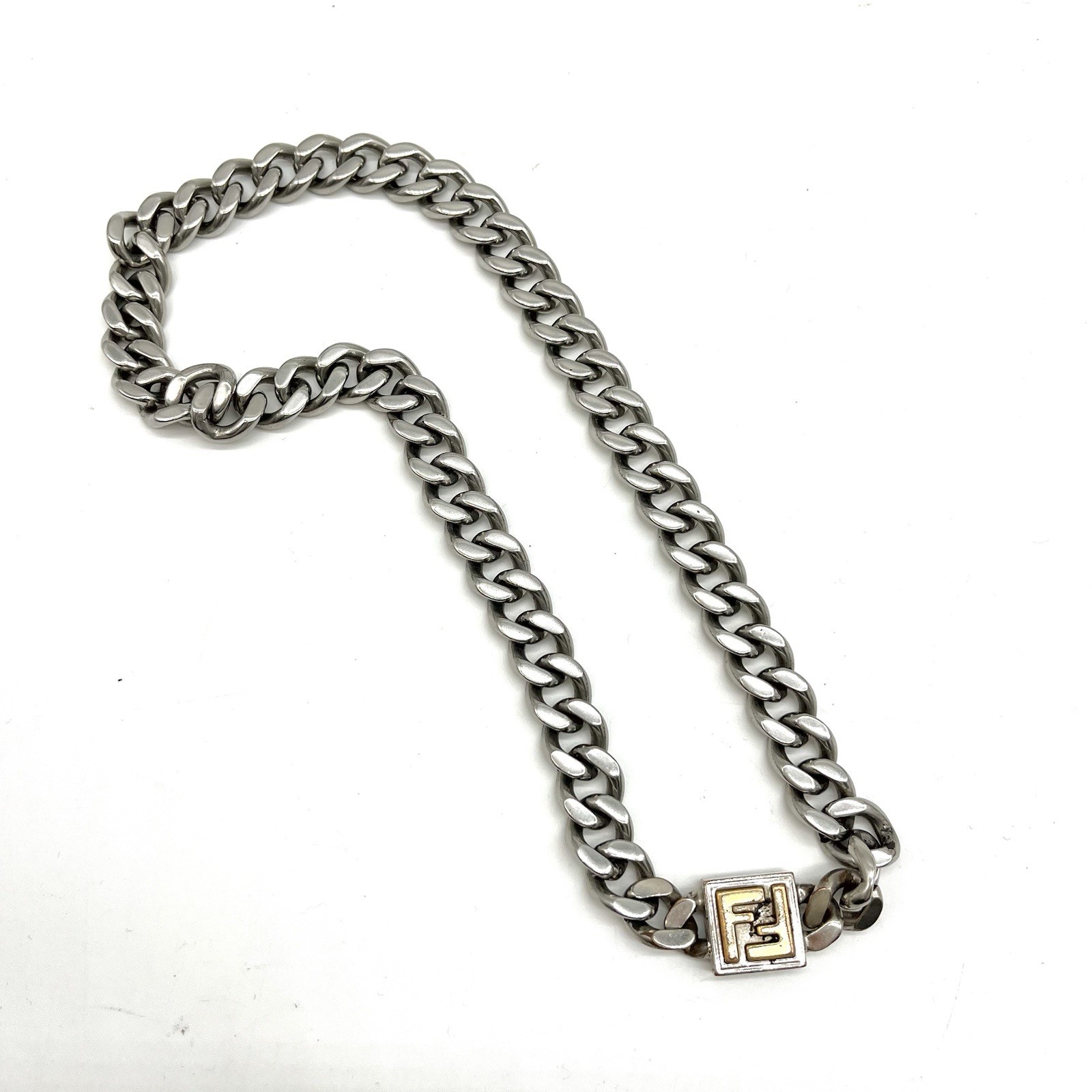 Auth Fendi FF Logo Curb Chain Necklace Men’s 50cm – Palladium Plated 2Y3097