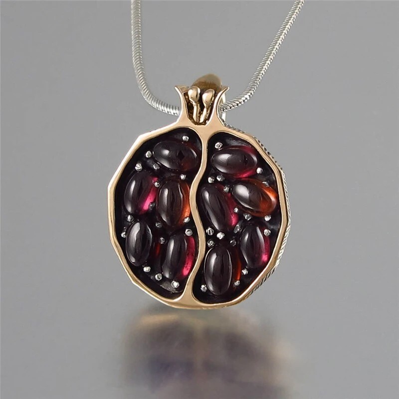 Gold Pomegranate Pendant Necklace Garnet Gemstone Fruit Jewelry Gift