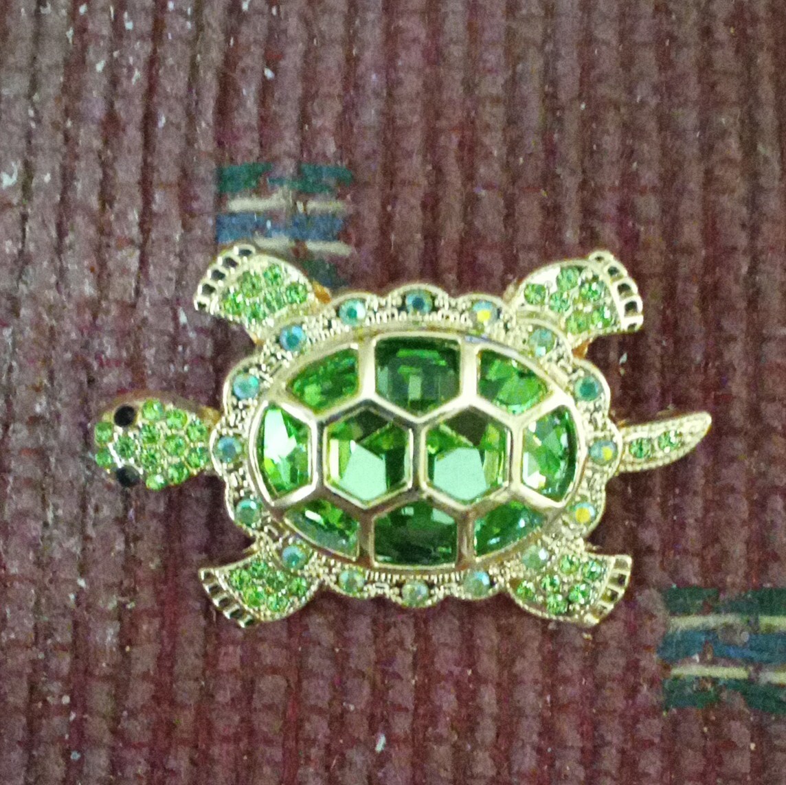 Gold Tone Green Crystal & Rhinestone Turtle Brooch Pin, Animal Theme