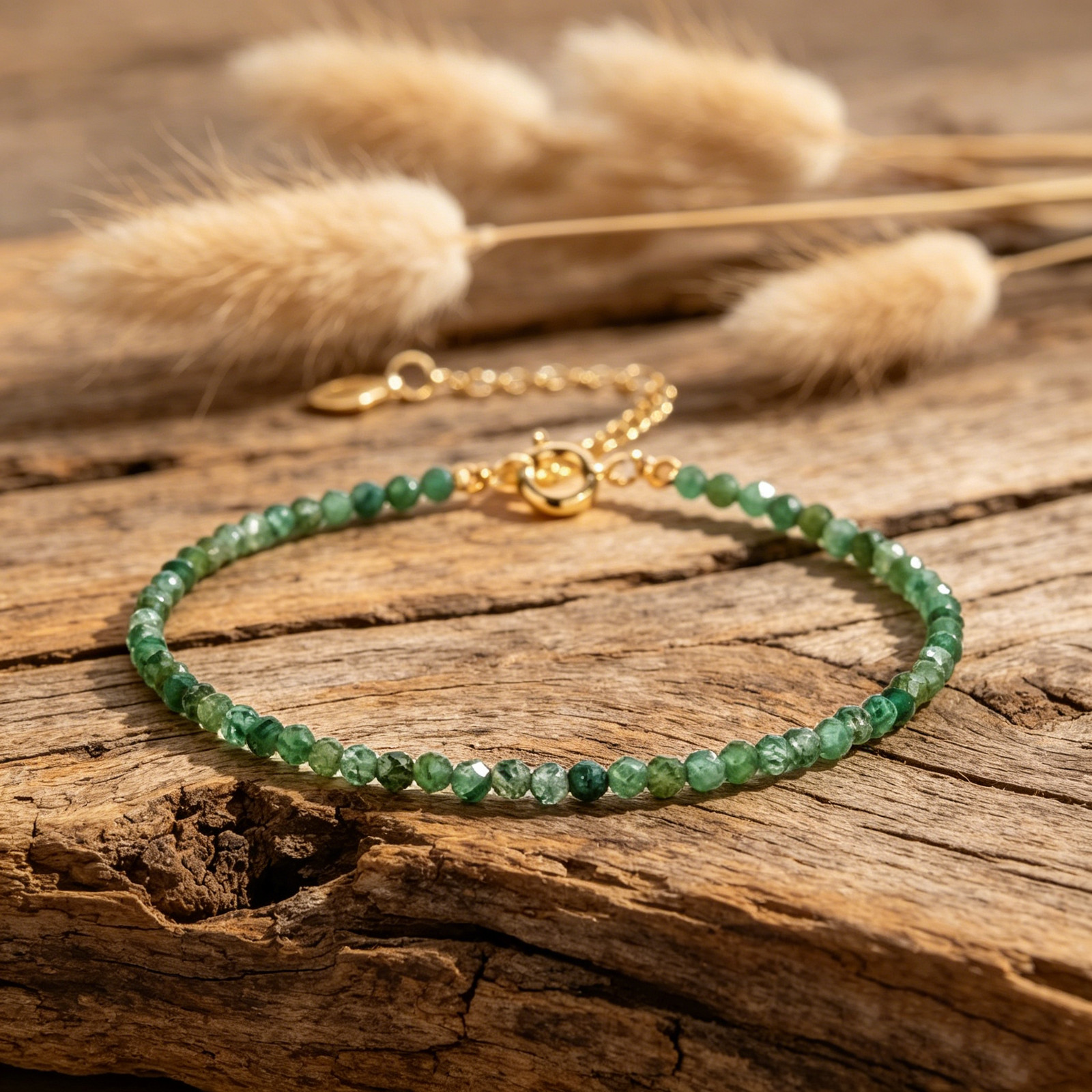 Natural Emerald Beaded Dainty Gold Filled Bracelet Minimalist Stackable Jewelry